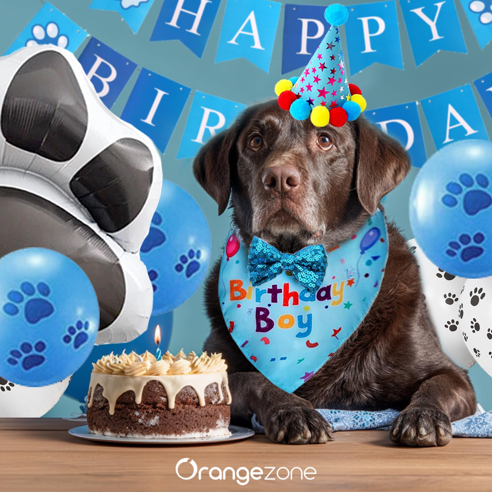 Boy Dog Birthday Party Costume & Decoration Supplies Set with Blue Birthday Bandana Hat Scarf and Bow Tie Happy Birthday Banner and Dog Paw Balloons for Medium Large Dogs Pets(M/L)