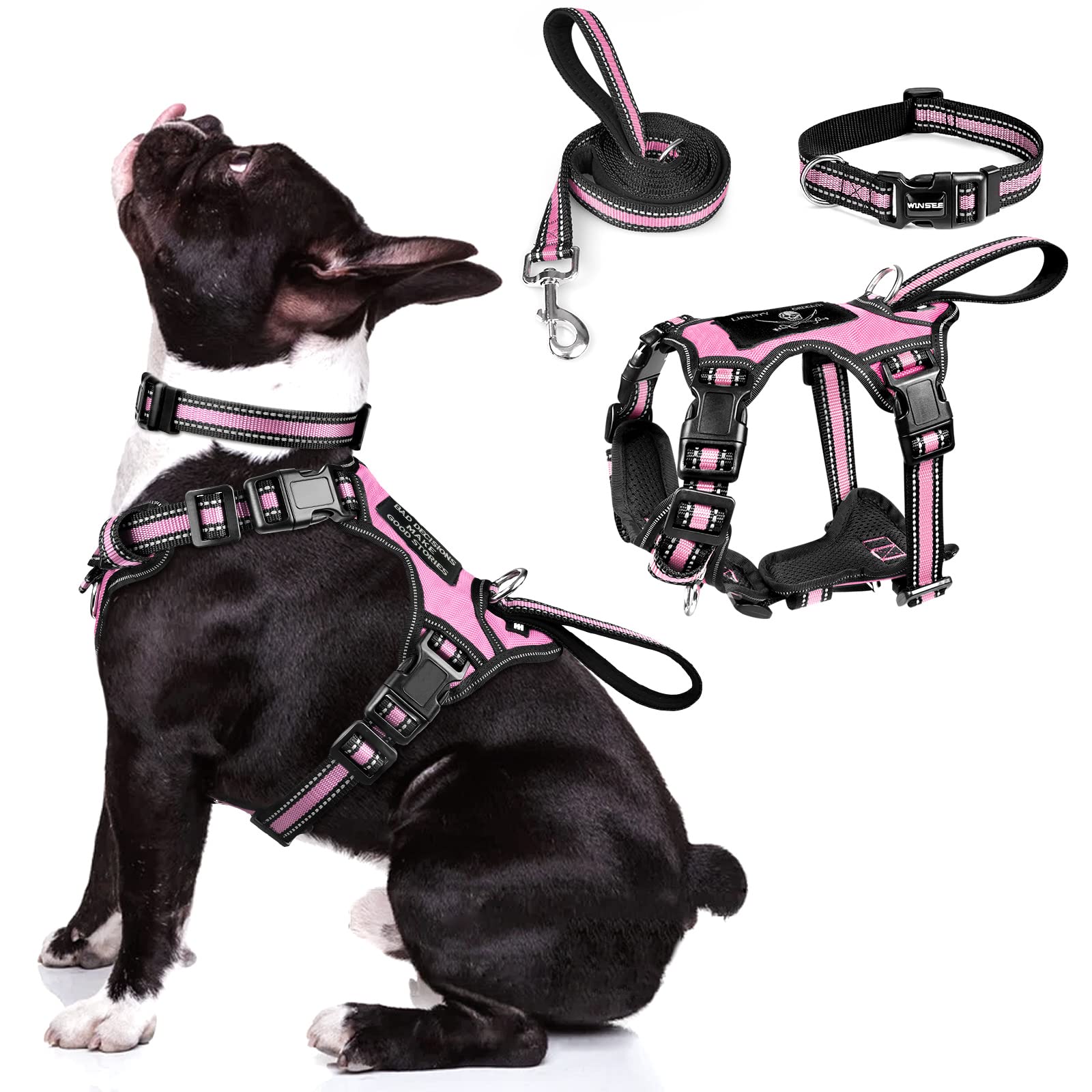 LOBEVE No Pull Dog Harness, Collar & Leash Set | Includes Dog Seat Belt, Collapsible Bowls & Poop Bag Dispenser. Ideal for Training, Walking, Hiking. Fits Small to Large Dogs(Pink-M)