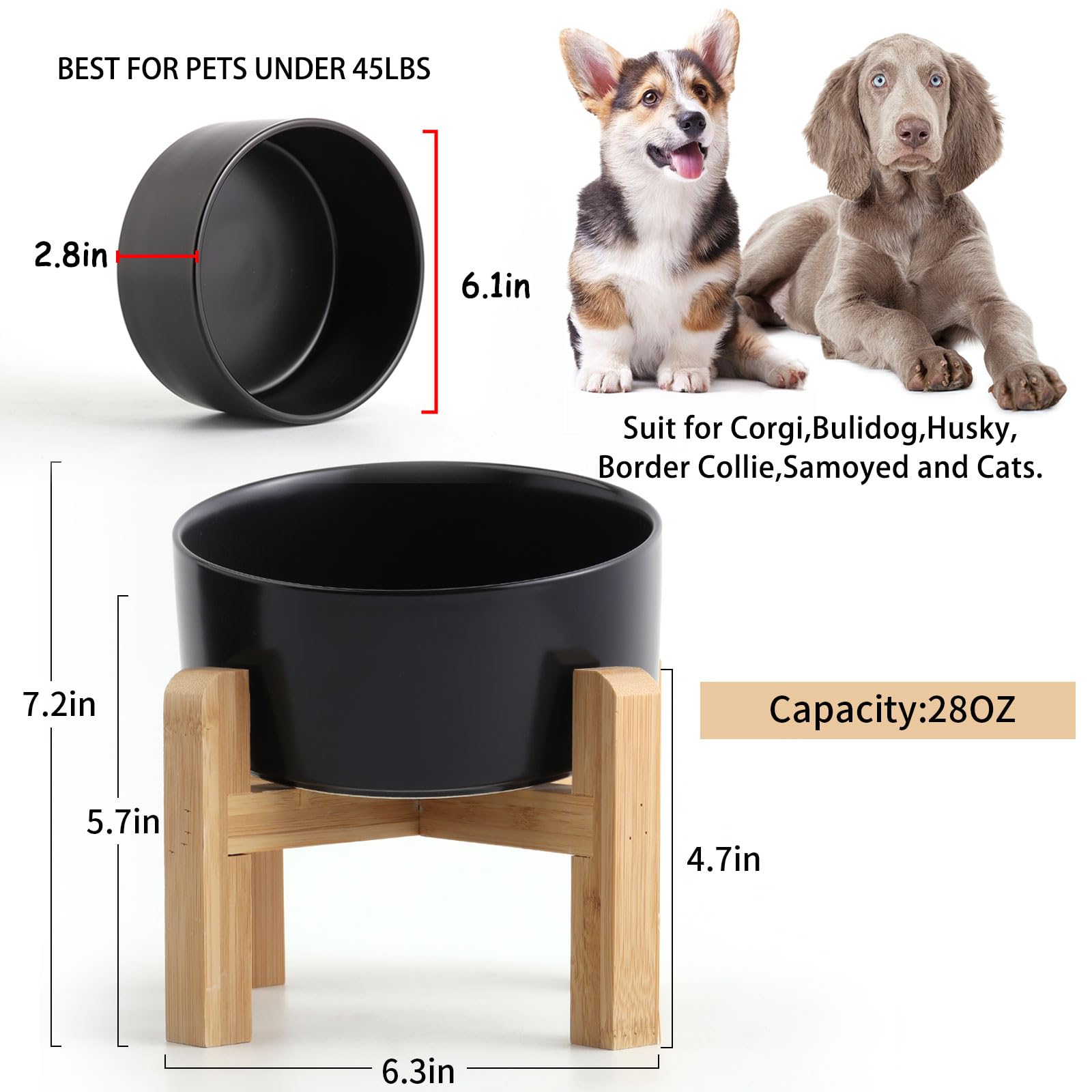 Petygooing Black Elevated/Raised 15°Slanted Ceramic Dog Bowl for Small and Medium Breeds, Tilted Anti Slip Pet Feeding Bowl,Food Water Dish with Stand for Cats and Dogs (28 OZ/3.6 Cups)