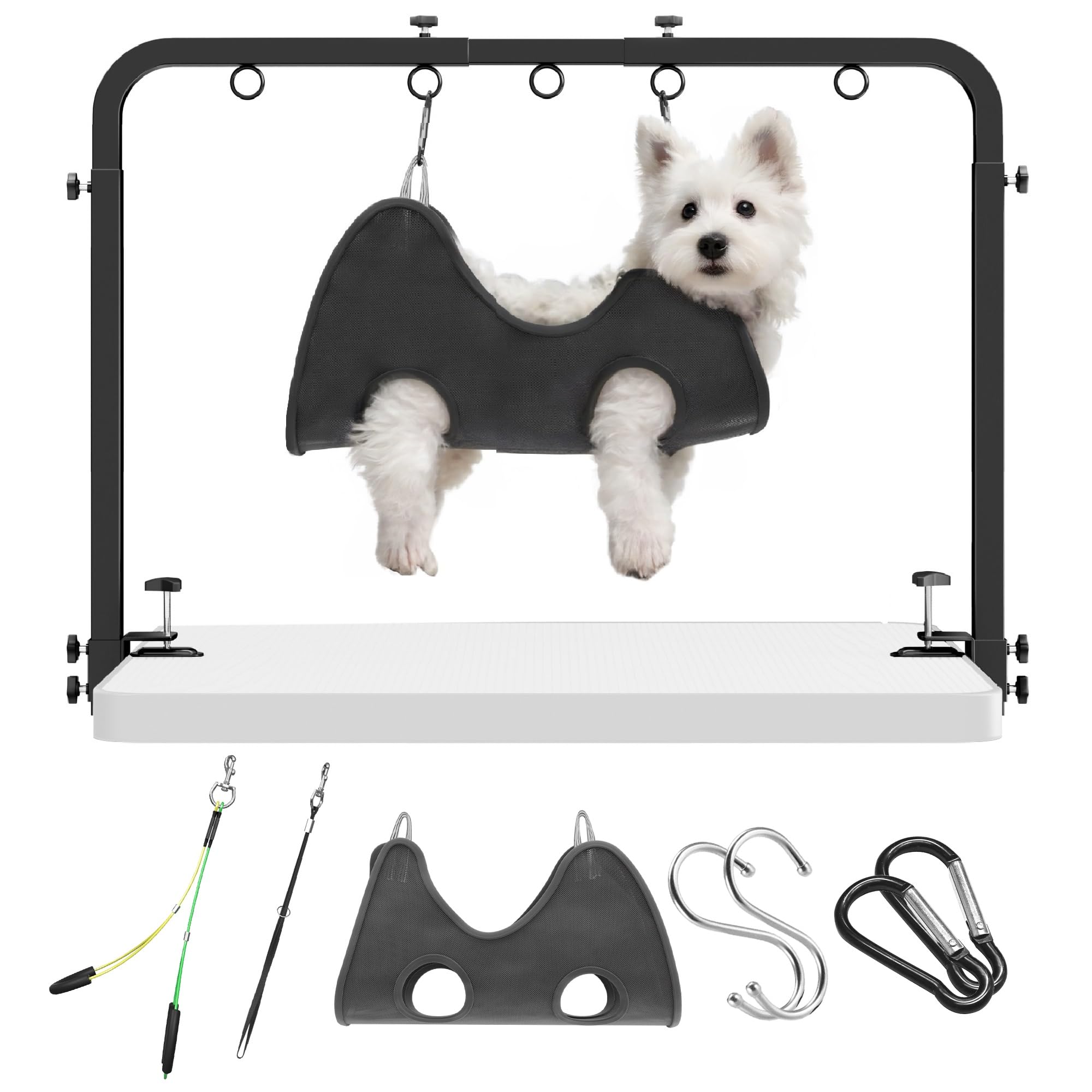 Foldable Dog Grooming Arm with Clamp: Adjustable Height 26"-40", Dog Grooming Table Arm with Hammock and No-Sit Holder, Grooming Restraint for Small Medium Dogs at Home or Salon