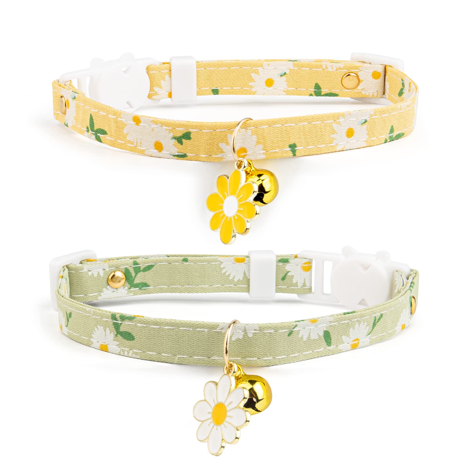 2 Pack Cotton Breakaway Cat Collar Green and Yellow Flowers Pendant Cute Kitten Cat Collar with Bell