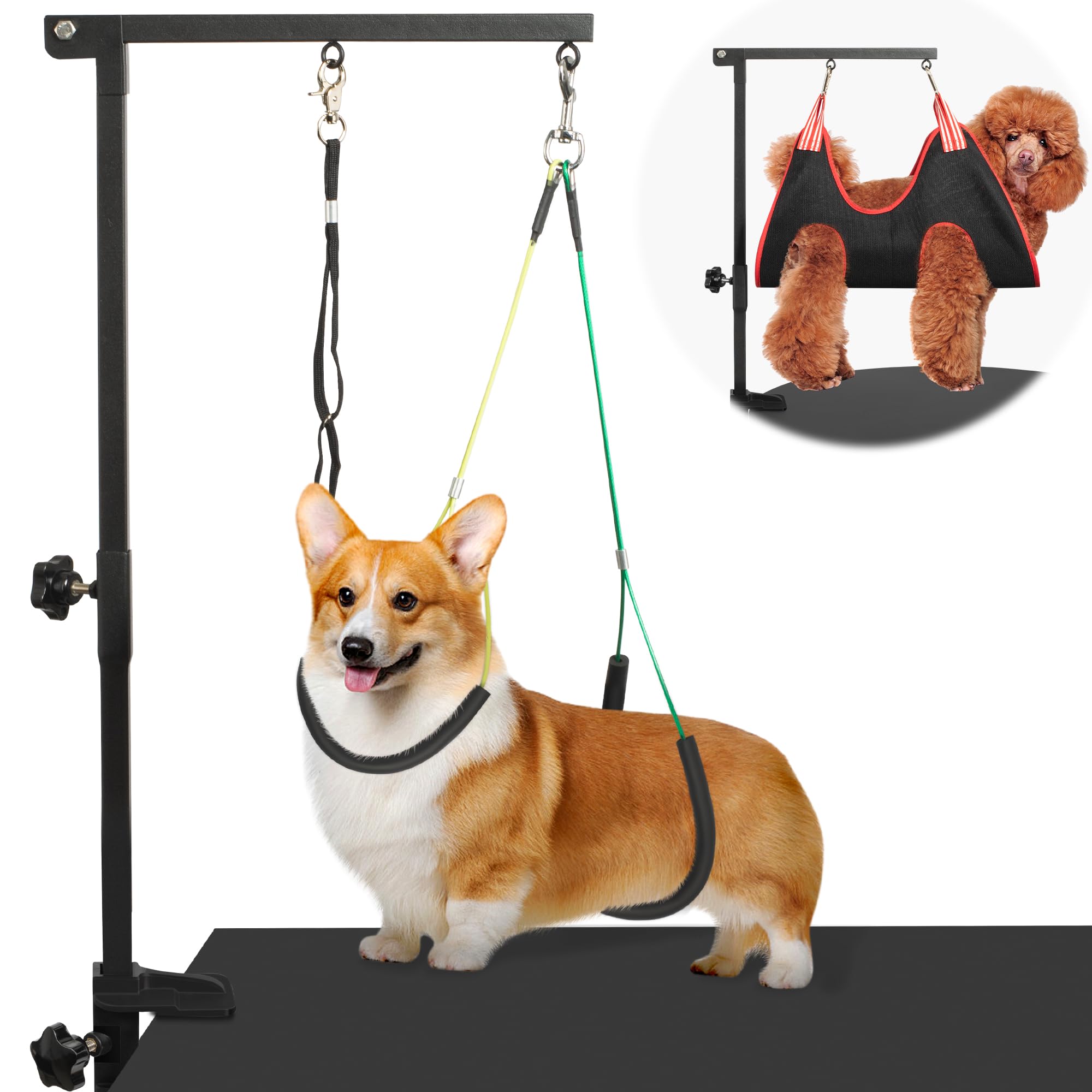 Foldable Dog Grooming Arm with Clamp: Adjustable Height 26"-40", Dog Grooming Table Arm with Hammock and No-Sit Holder, Grooming Restraint for Small Medium Dogs at Home or Salon