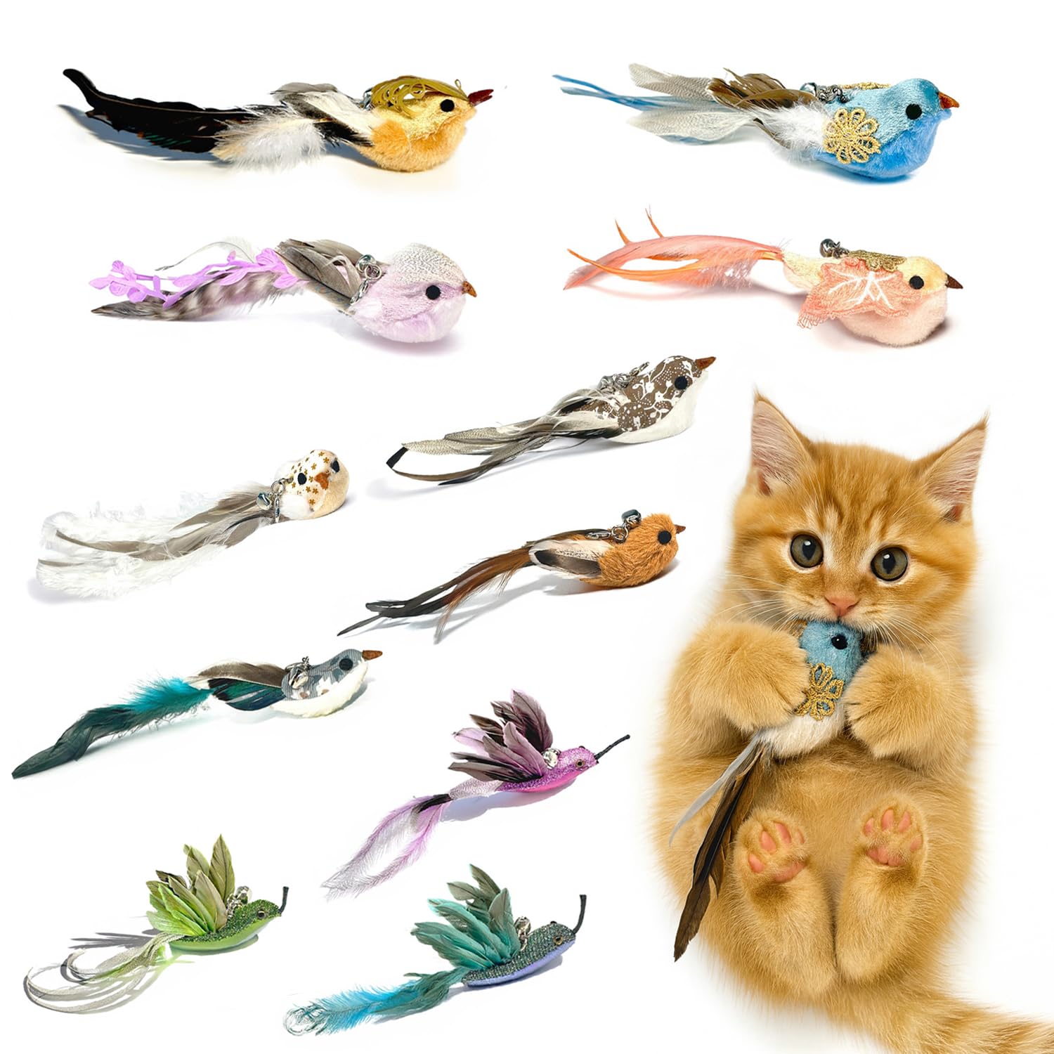 11PCS Realistic Bird Cat Toy Refills – Handmade Feather Cat Toys with Bell, Clip-on Cat Wand Attachments – Interactive Cat Toys for Indoor Cats, Refill Set for Wand Toy or Cute Home Décor
