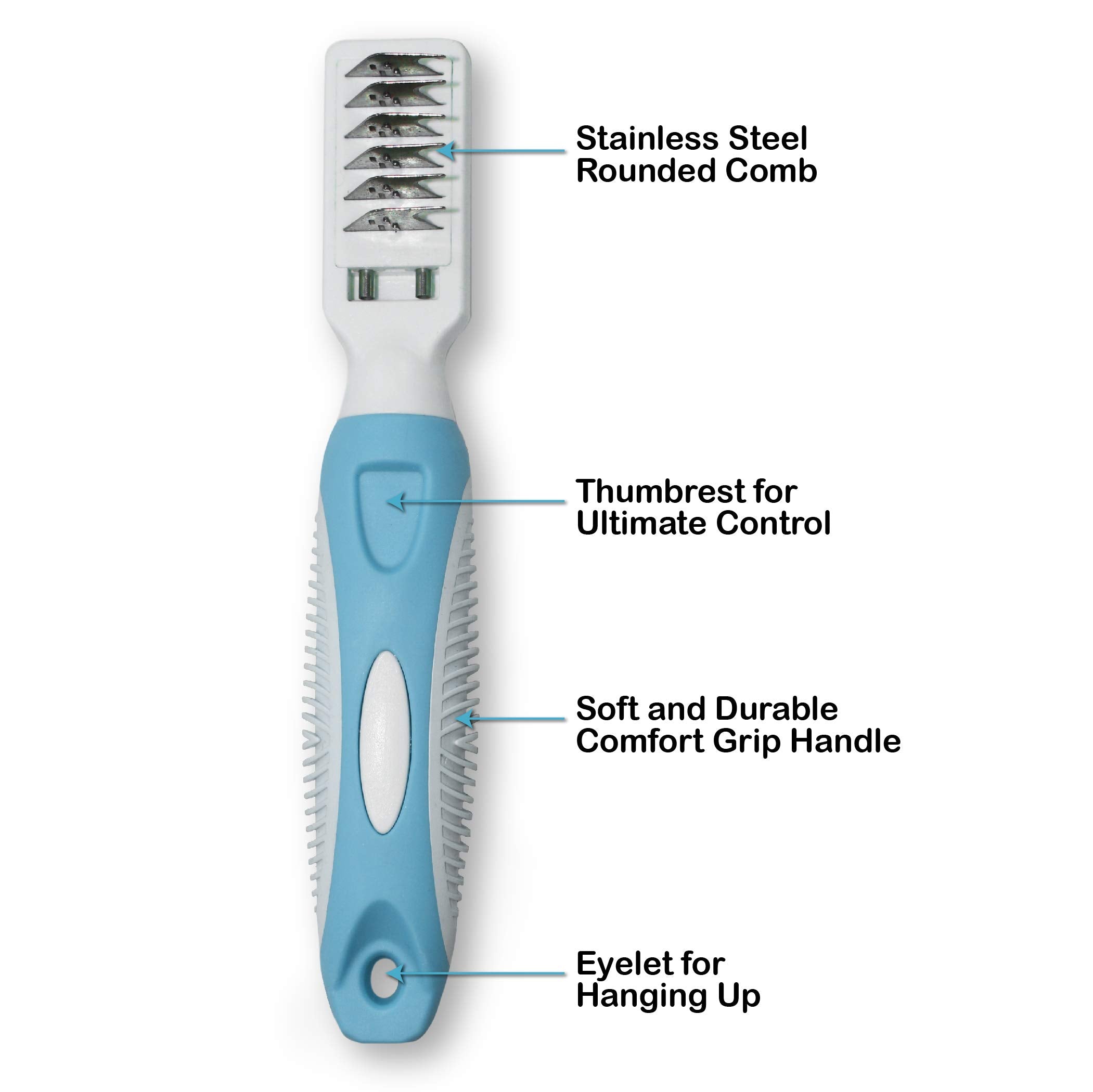 Pets First Professional Pet Mat Remover - Dematting Tool for Grooming Cats & Dogs - Removes Matted Fur, Tangles, Knots, Loose Hair & Dirt - Stainless Steel, Gentle Teeth, Soft Comfort Grip Handle,Blue