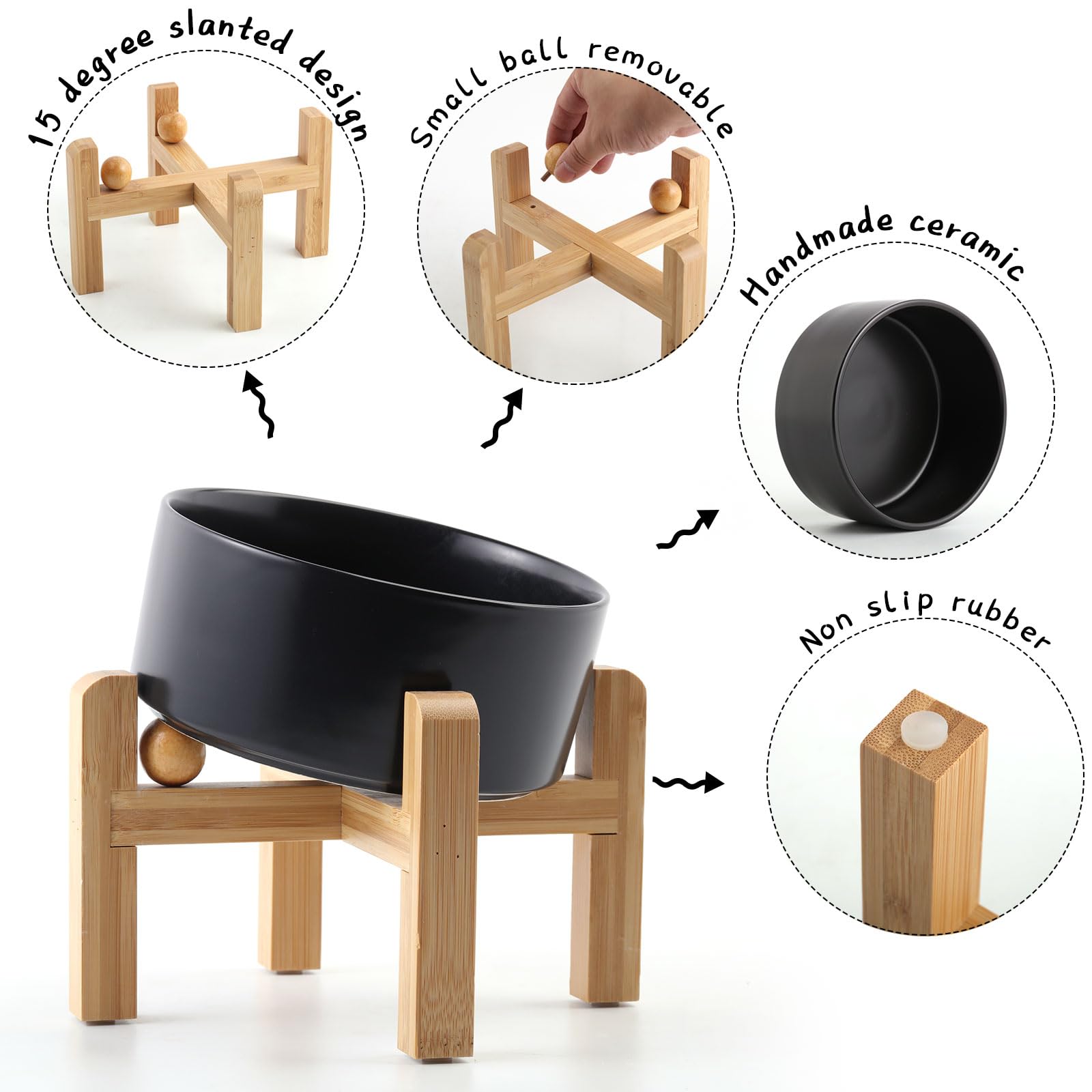 Petygooing Black Elevated/Raised 15°Slanted Ceramic Dog Bowl for Small and Medium Breeds, Tilted Anti Slip Pet Feeding Bowl,Food Water Dish with Stand for Cats and Dogs (28 OZ/3.6 Cups)