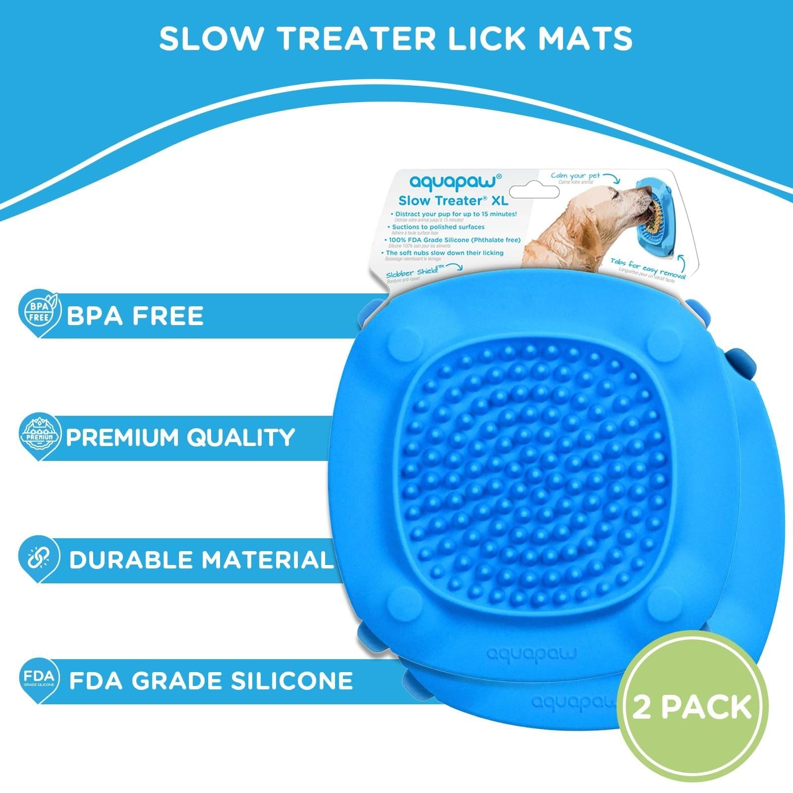 Aquapaw Dog Bath Lick Mat - 2-Pack, XL, Blue - Slow Feeder Mat & Dog Treat Container with Suction Cup - Shower Peanut Butter Holder & Bathing Distraction Aid
