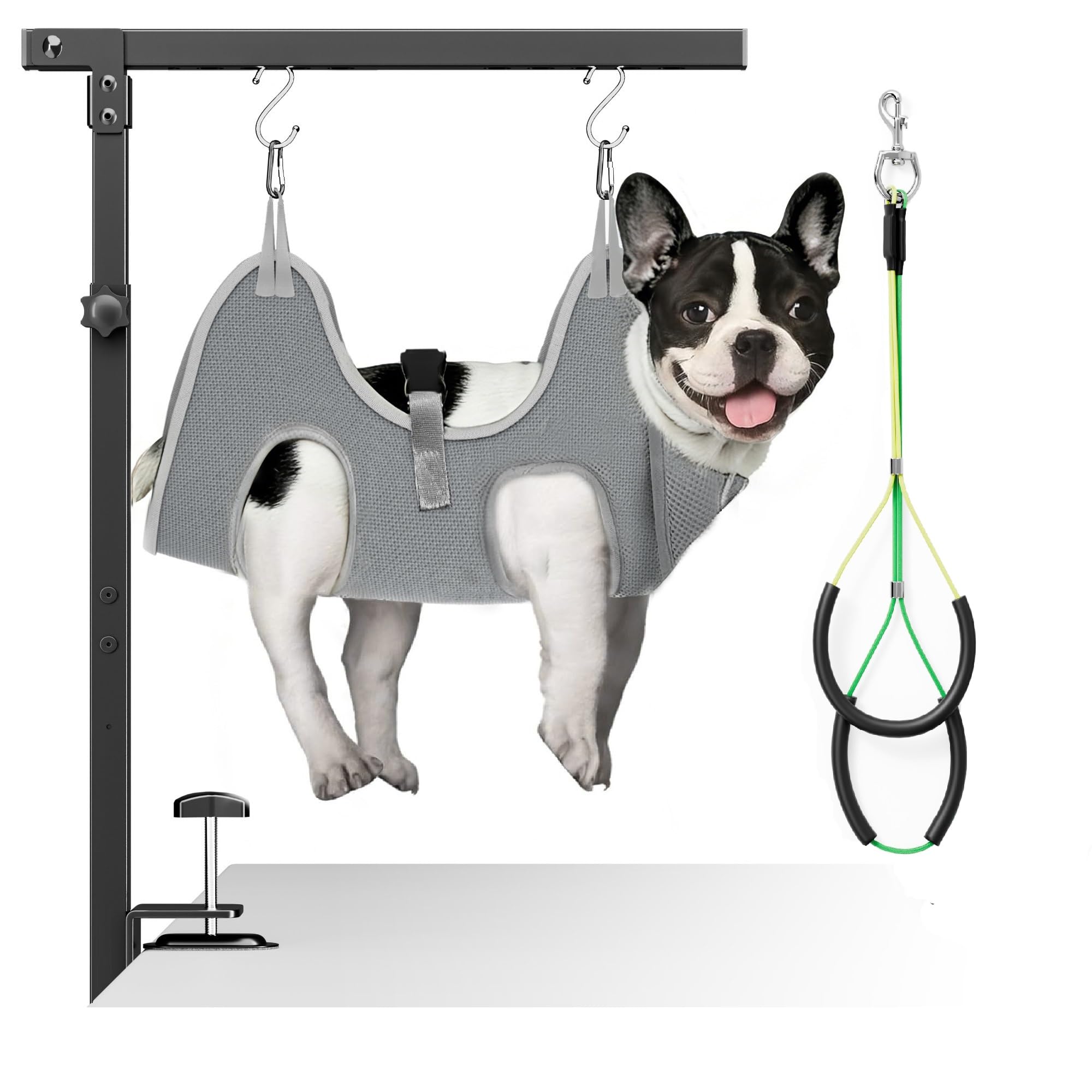 Foldable Dog Grooming Arm with Clamp: Adjustable Height 26"-40", Dog Grooming Table Arm with Hammock and No-Sit Holder, Grooming Restraint for Small Medium Dogs at Home or Salon