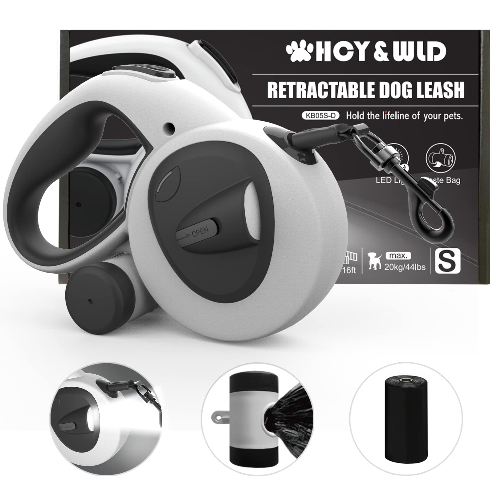 Snuggle Paws Retractable Dog Leash 16ft Heavy-Duty – All-in-One Leash with LED Flashlight, Poop Bag Holder & Chew-Proof Steel Cable Extension – Tangle-Free Design for Small to Large Dogs up to 66 lbs
