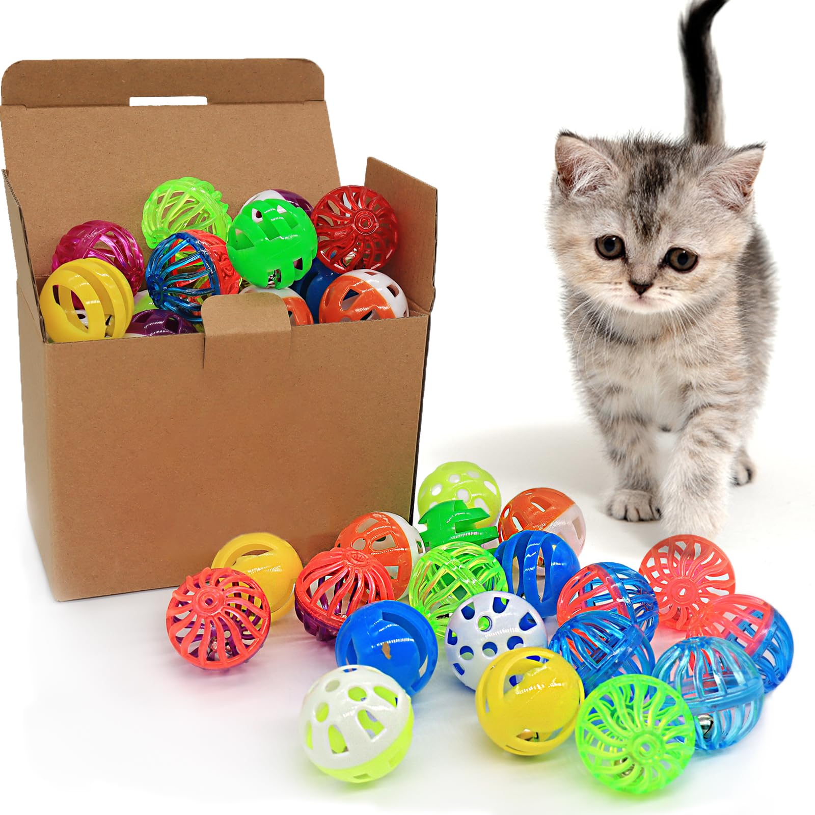 Colorful Cat Toy Balls with Bell 6PCS, Interactive Hollow Design, Plastic, Training Exercise Toy(2 in 1 2P)