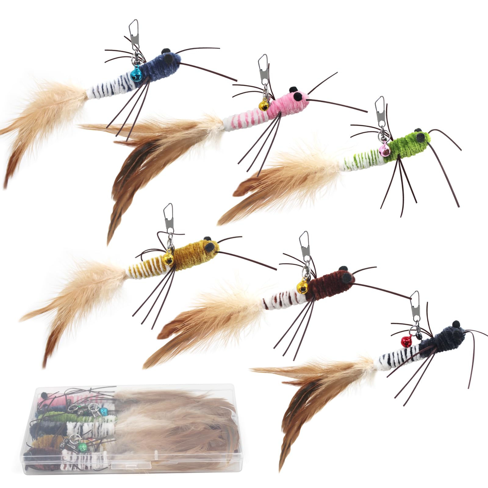SONGWAY Cat Toy Wand Attachments - 8 Pieces Carrot Shrimp Mouse Fish Worm Dragonfly Cat Feather Toy Refills, Interactive Elastic Mesh Cat Toys for Indoor Cats Kittens