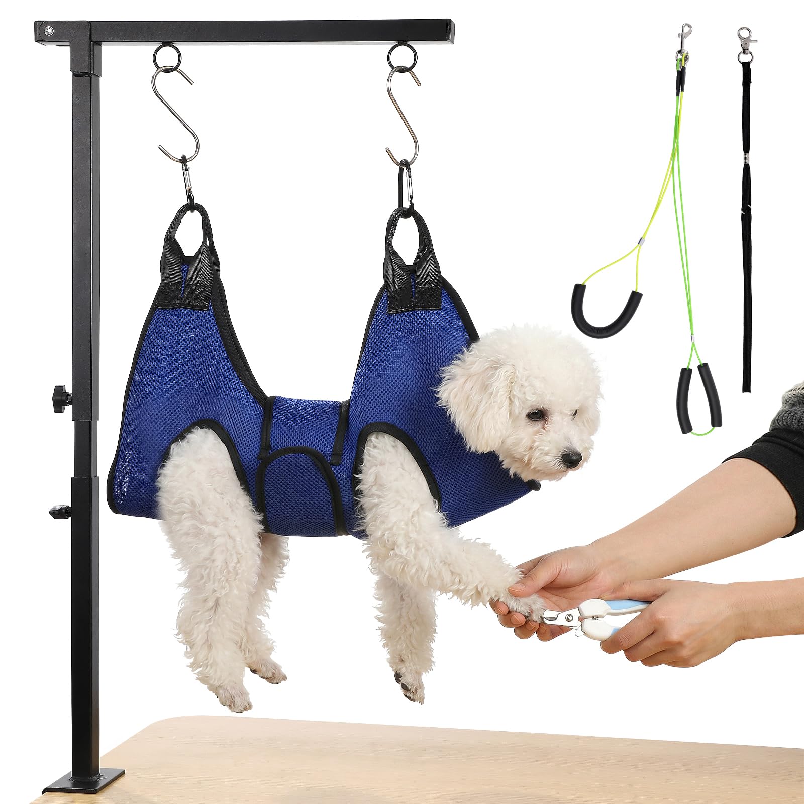 Foldable Dog Grooming Arm with Clamp: Adjustable Height 26"-40", Dog Grooming Table Arm with Hammock and No-Sit Holder, Grooming Restraint for Small Medium Dogs at Home or Salon