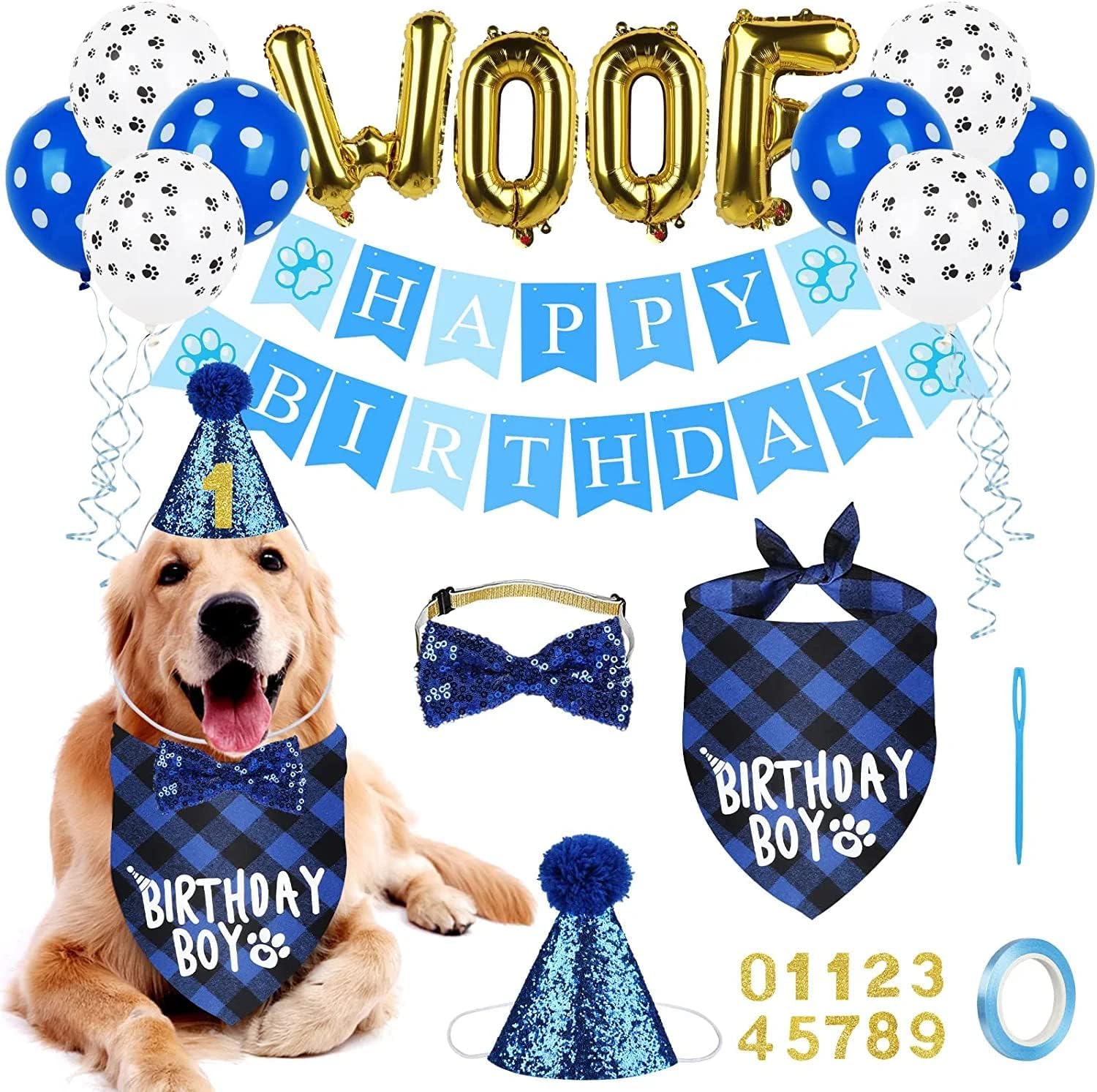 Boy Dog Birthday Party Costume & Decoration Supplies Set with Blue Birthday Bandana Hat Scarf and Bow Tie Happy Birthday Banner and Dog Paw Balloons for Medium Large Dogs Pets(M/L)