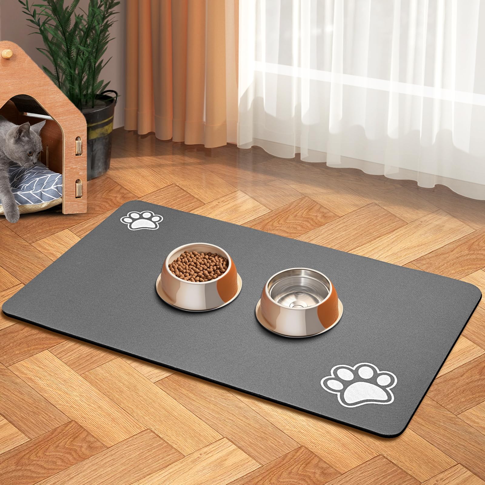 Pet Feeding Mat-Absorbent Dog Mat for Food and Water Bowl-No Stains Quick Dry Dispenser Mat-Dog Accessories Pet Supplies-Water Bowl for Messy Drinkers（Darkgrey,12"x19"