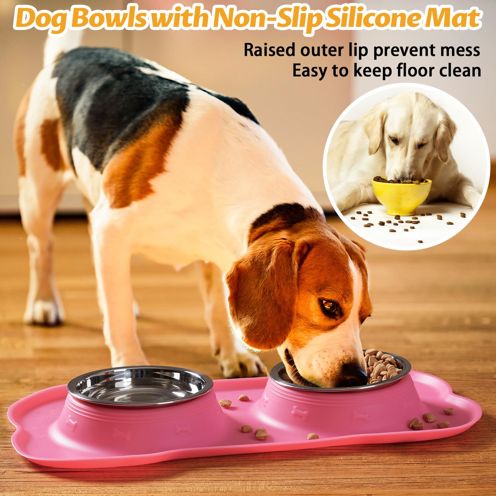 Hubulk Pet Dog Bowls 2 Stainless Steel Dog Bowl with No Spill Non-Skid Silicone Mat + Pet Food Scoop Water and Food Feeder Bowls for Feeding Small Medium Large Dogs Cats Puppies (S, Pink)