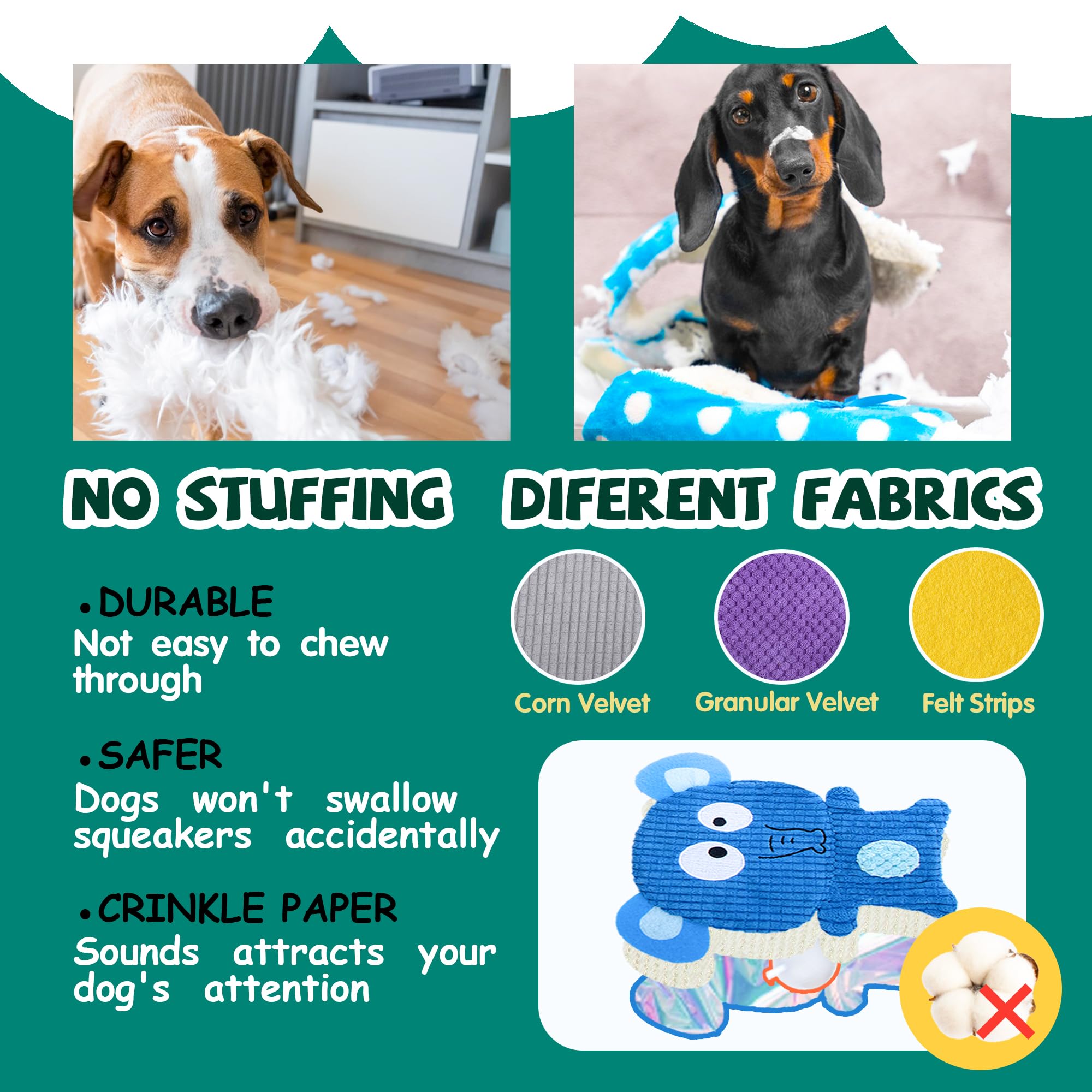 No Stuffing Dog Squeaky Toys, 8 Pack Cute Animal Durable Plush Interactive Teething Chew Toys, Pet Entertaining Toy for Puppy & Small Medium Breeds