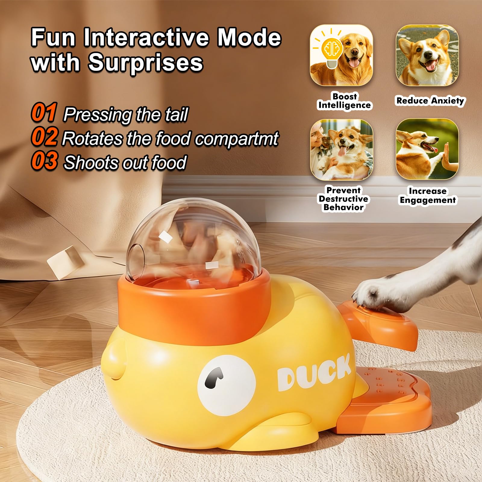 Interactive Dog Treat Dispenser Toy & Slow Feeder Dog Bowls - Duck-Shaped Puzzle Toy for Mental Stimulation, Adjustable Food Outlet for Small to Medium Cats and Dogs