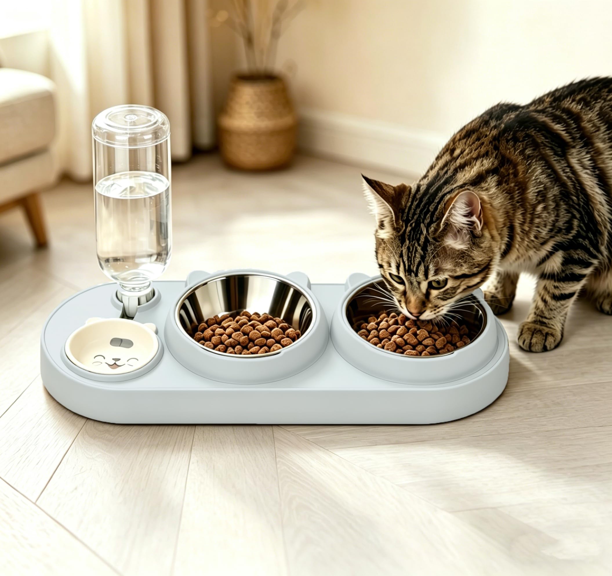 Marchul 3 in 1 Cat Bowl, Cat Food and Water Bowl Set with Water Dispenser and Stainless Steel Bowls, 15° Tilted Pet Raised Three Bowls for Indoor Cats, Small or Medium Sized Dogs