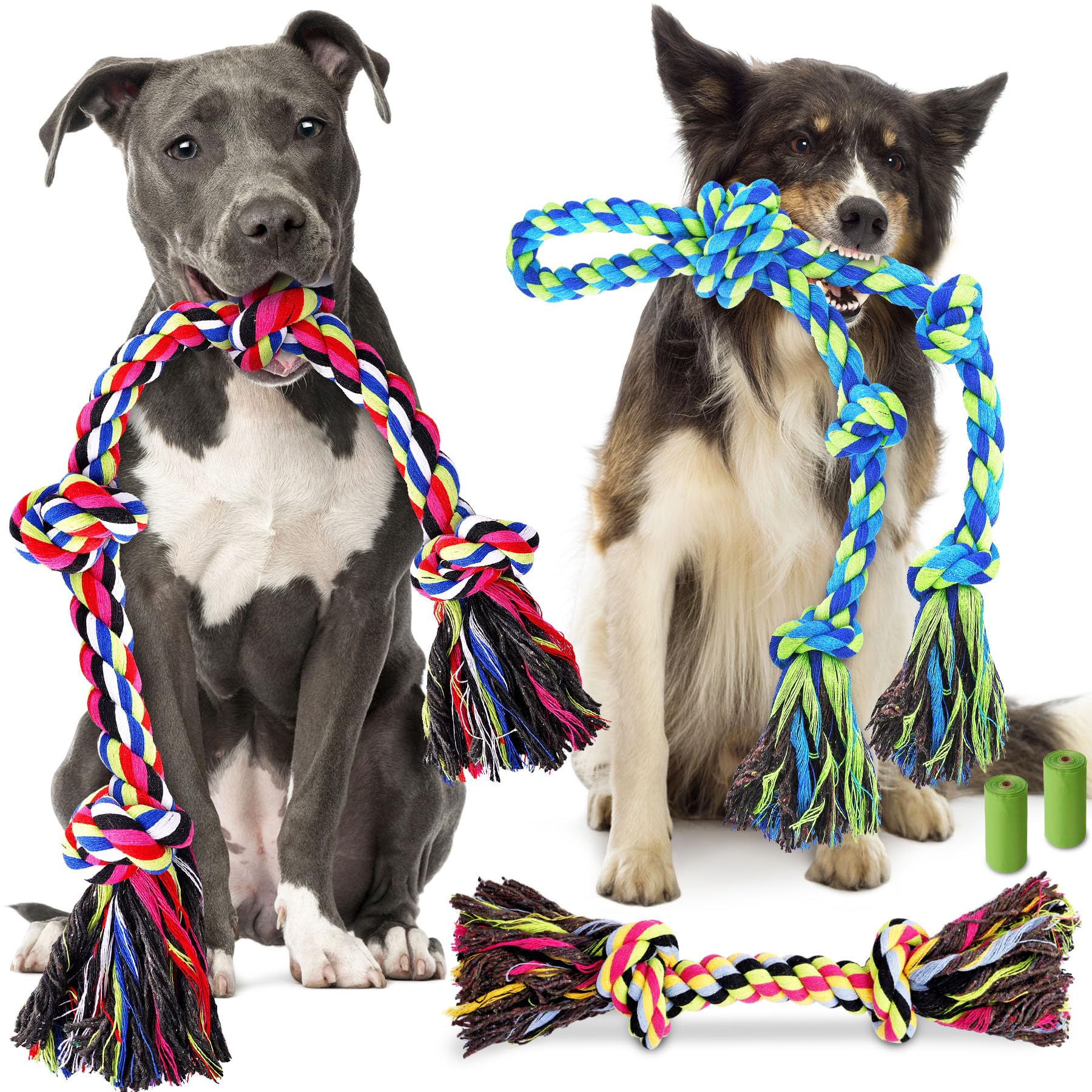 Tough Dog Rope Toys for Aggressive Chewers, Tough Tug of War Dog Toys for Large, Medium & Small Dogs – 5 Pack Including 2 Ropes & 3 Supplies