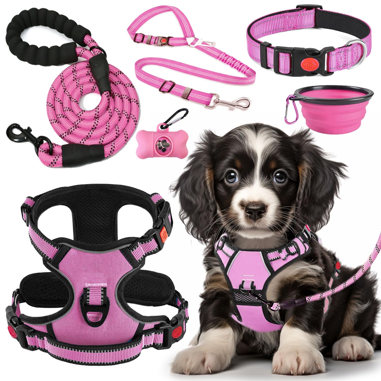 LOBEVE No Pull Dog Harness, Collar & Leash Set | Includes Dog Seat Belt, Collapsible Bowls & Poop Bag Dispenser. Ideal for Training, Walking, Hiking. Fits Small to Large Dogs(Pink-M)