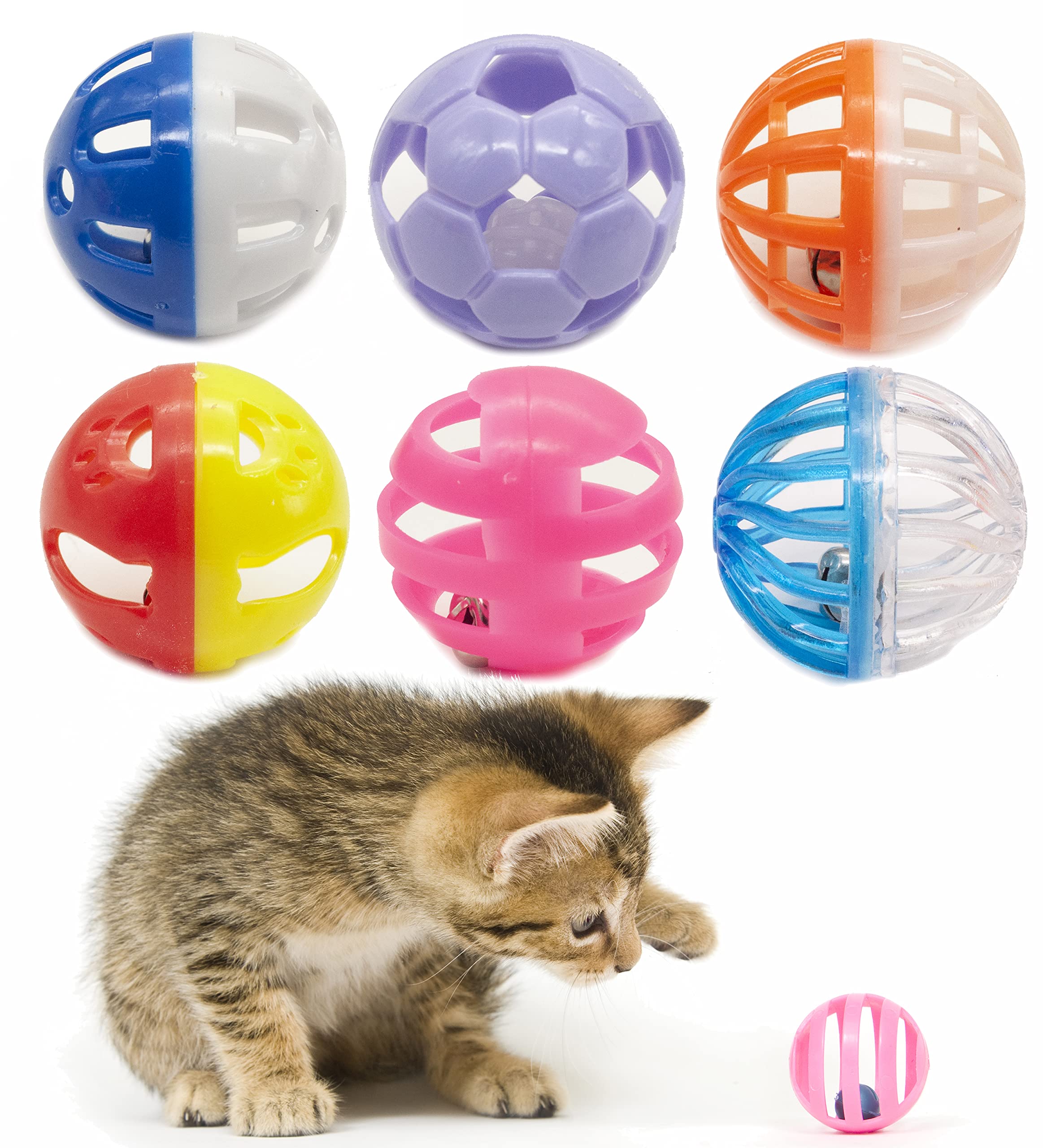 Colorful Cat Toy Balls with Bell 6PCS, Interactive Hollow Design, Plastic, Training Exercise Toy(2 in 1 2P)