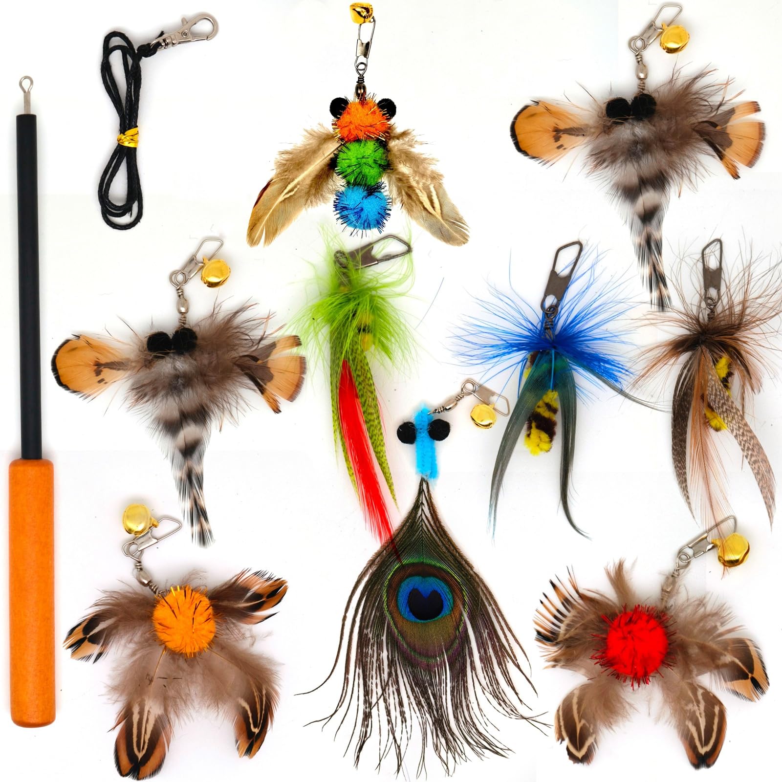 SONGWAY Cat Toy Wand Attachments - 8 Pieces Carrot Shrimp Mouse Fish Worm Dragonfly Cat Feather Toy Refills, Interactive Elastic Mesh Cat Toys for Indoor Cats Kittens
