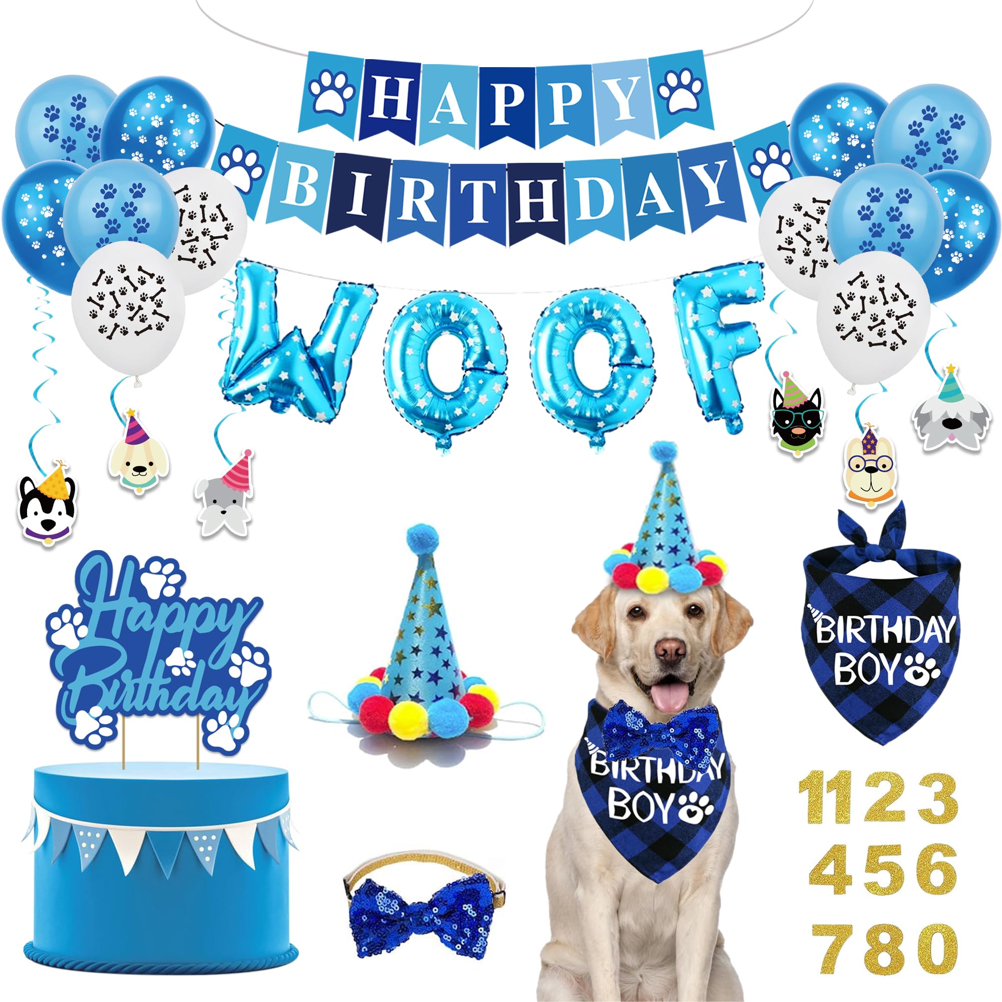 Boy Dog Birthday Party Costume & Decoration Supplies Set with Blue Birthday Bandana Hat Scarf and Bow Tie Happy Birthday Banner and Dog Paw Balloons for Medium Large Dogs Pets(M/L)