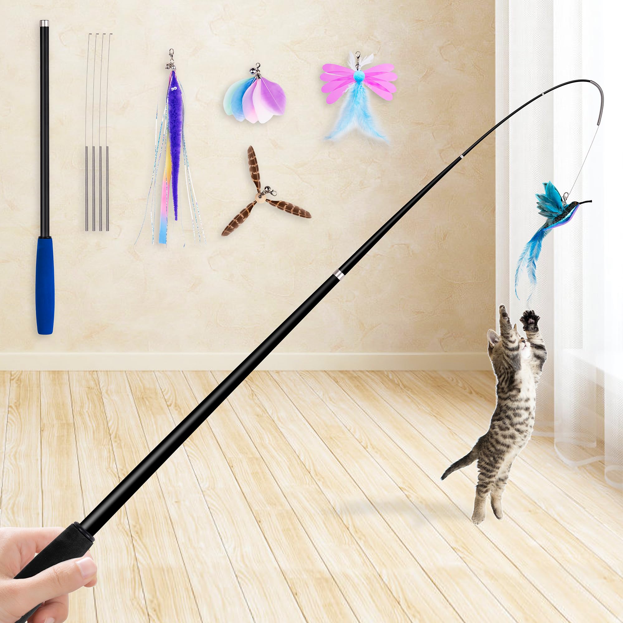 ROSAUI Cat Teaser Wand Toys, Interactive Bird Toys for Indoor Kittens, 42.15’’ Long Cat Fishing Pole Toys, 2Pcs Wires and 5Pcs Natural Refills, Sustainable Wooden Handles, Exercising, Playing