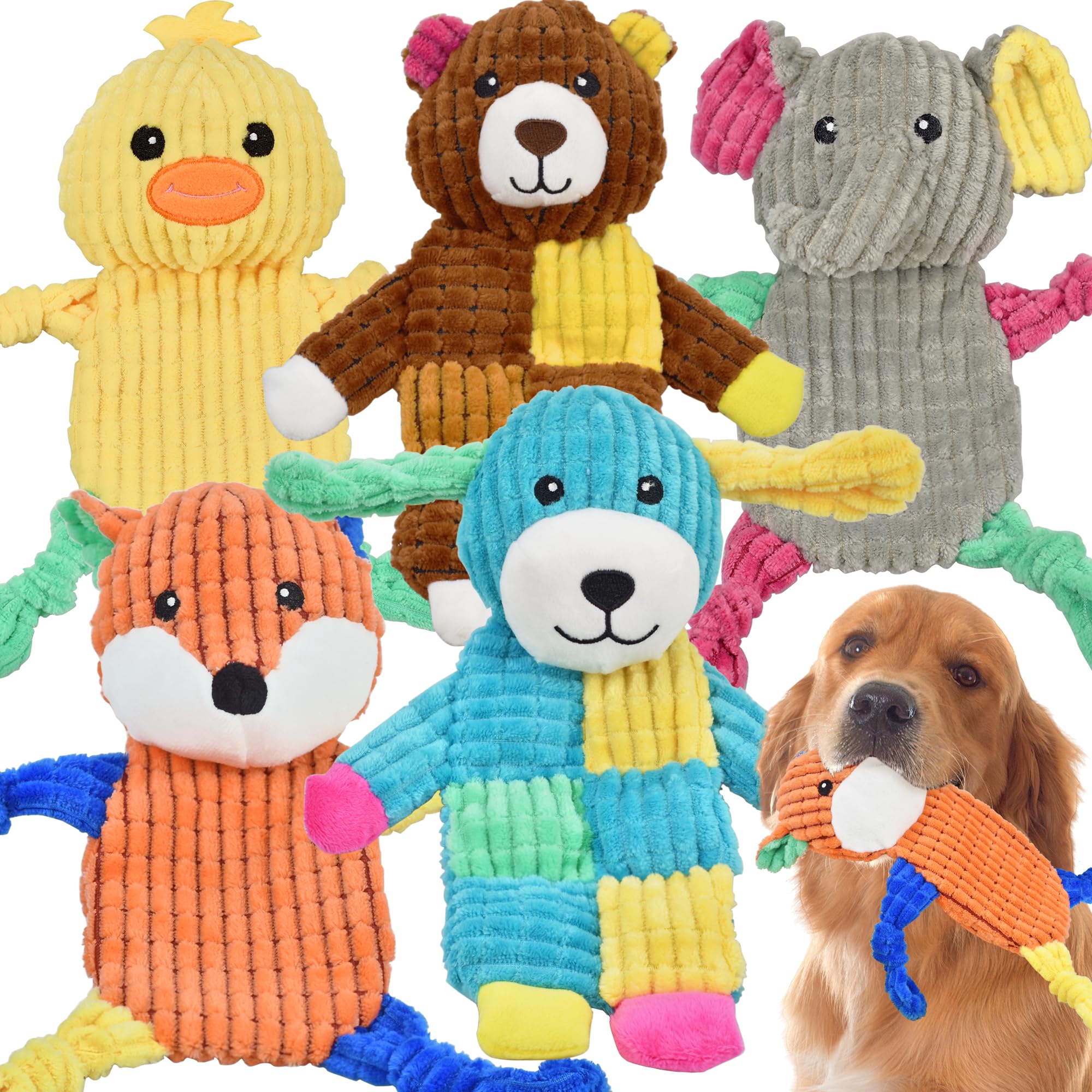 No Stuffing Dog Squeaky Toys, 8 Pack Cute Animal Durable Plush Interactive Teething Chew Toys, Pet Entertaining Toy for Puppy & Small Medium Breeds