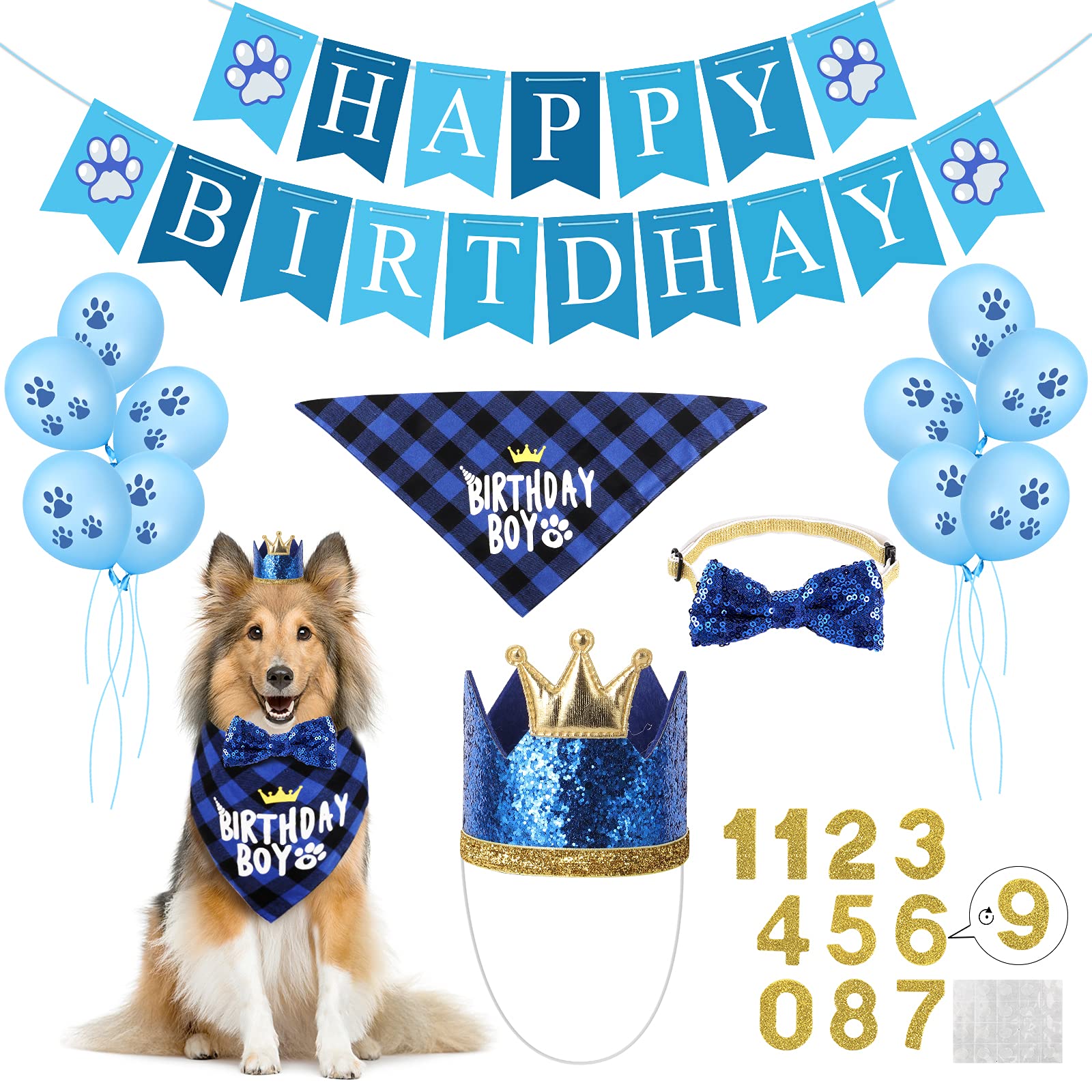 Boy Dog Birthday Party Costume & Decoration Supplies Set with Blue Birthday Bandana Hat Scarf and Bow Tie Happy Birthday Banner and Dog Paw Balloons for Medium Large Dogs Pets(M/L)