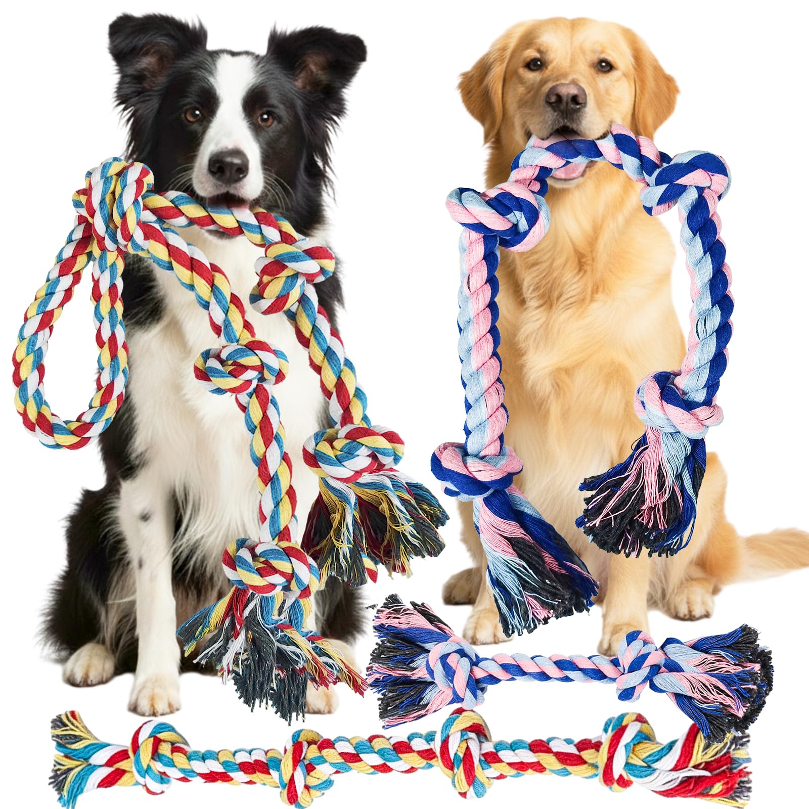 Tough Dog Rope Toys for Aggressive Chewers, Tough Tug of War Dog Toys for Large, Medium & Small Dogs – 5 Pack Including 2 Ropes & 3 Supplies