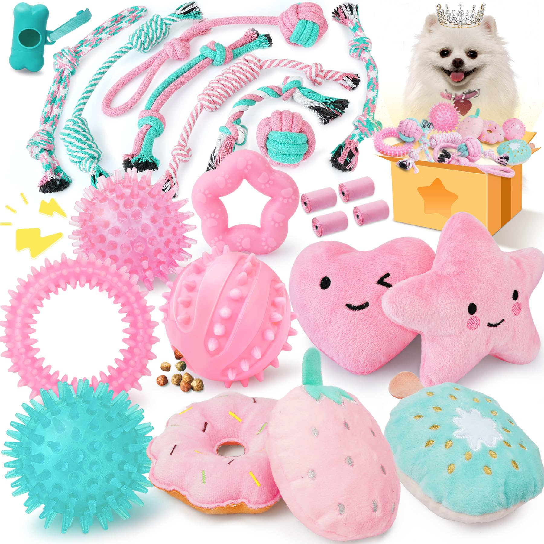 Zeaxuie 25 Pack Luxury Dog Chew Toys for Puppy, Dog Toys with Ropes, Treat Ball and Squeaky Puppy Toys for Teething Small Dogs