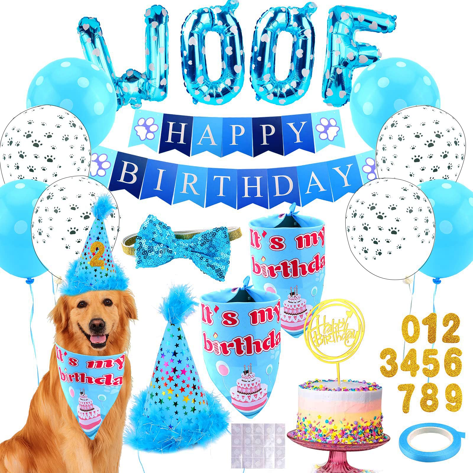 Boy Dog Birthday Party Costume & Decoration Supplies Set with Blue Birthday Bandana Hat Scarf and Bow Tie Happy Birthday Banner and Dog Paw Balloons for Medium Large Dogs Pets(M/L)