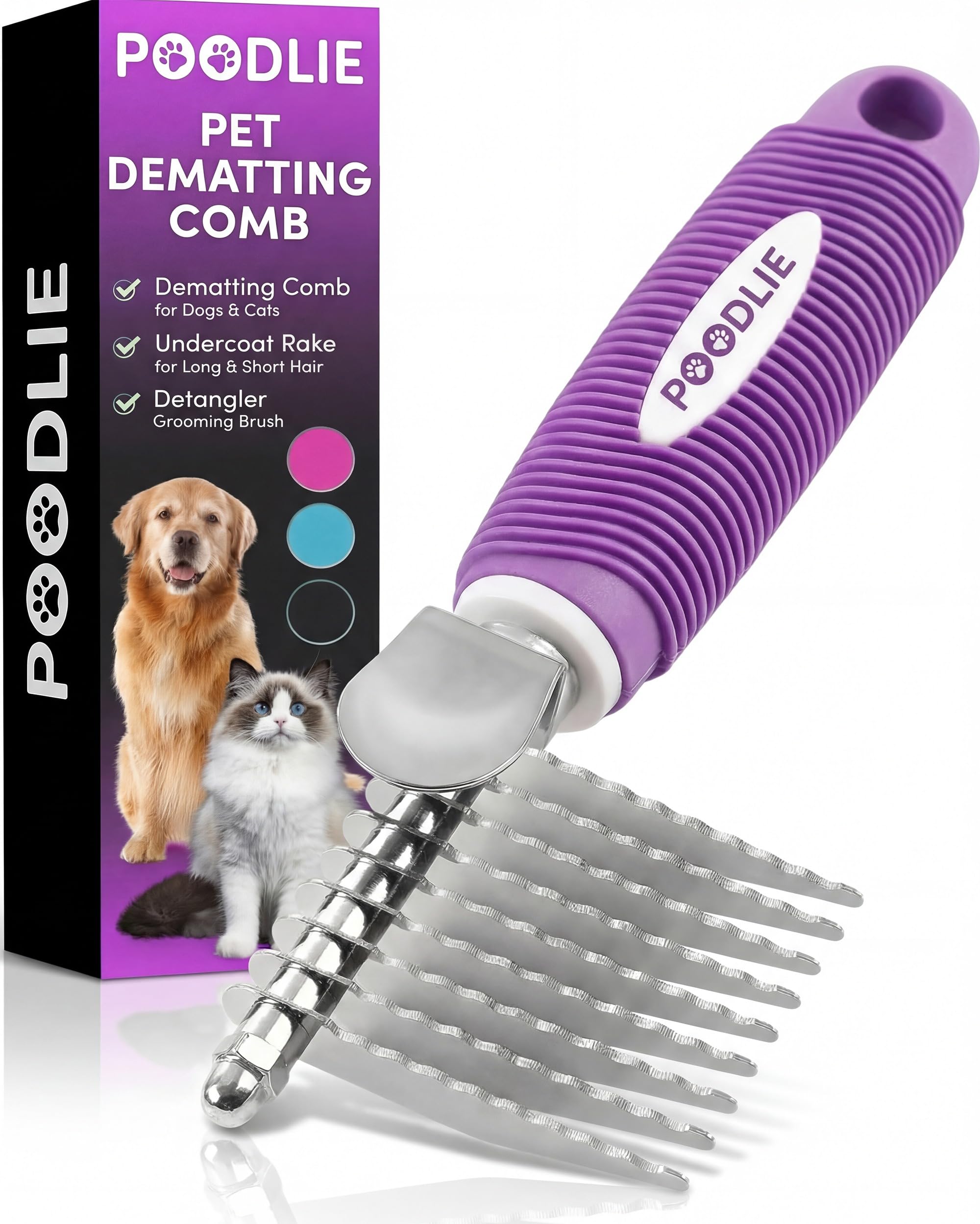 Pets First Professional Pet Mat Remover - Dematting Tool for Grooming Cats & Dogs - Removes Matted Fur, Tangles, Knots, Loose Hair & Dirt - Stainless Steel, Gentle Teeth, Soft Comfort Grip Handle,Blue