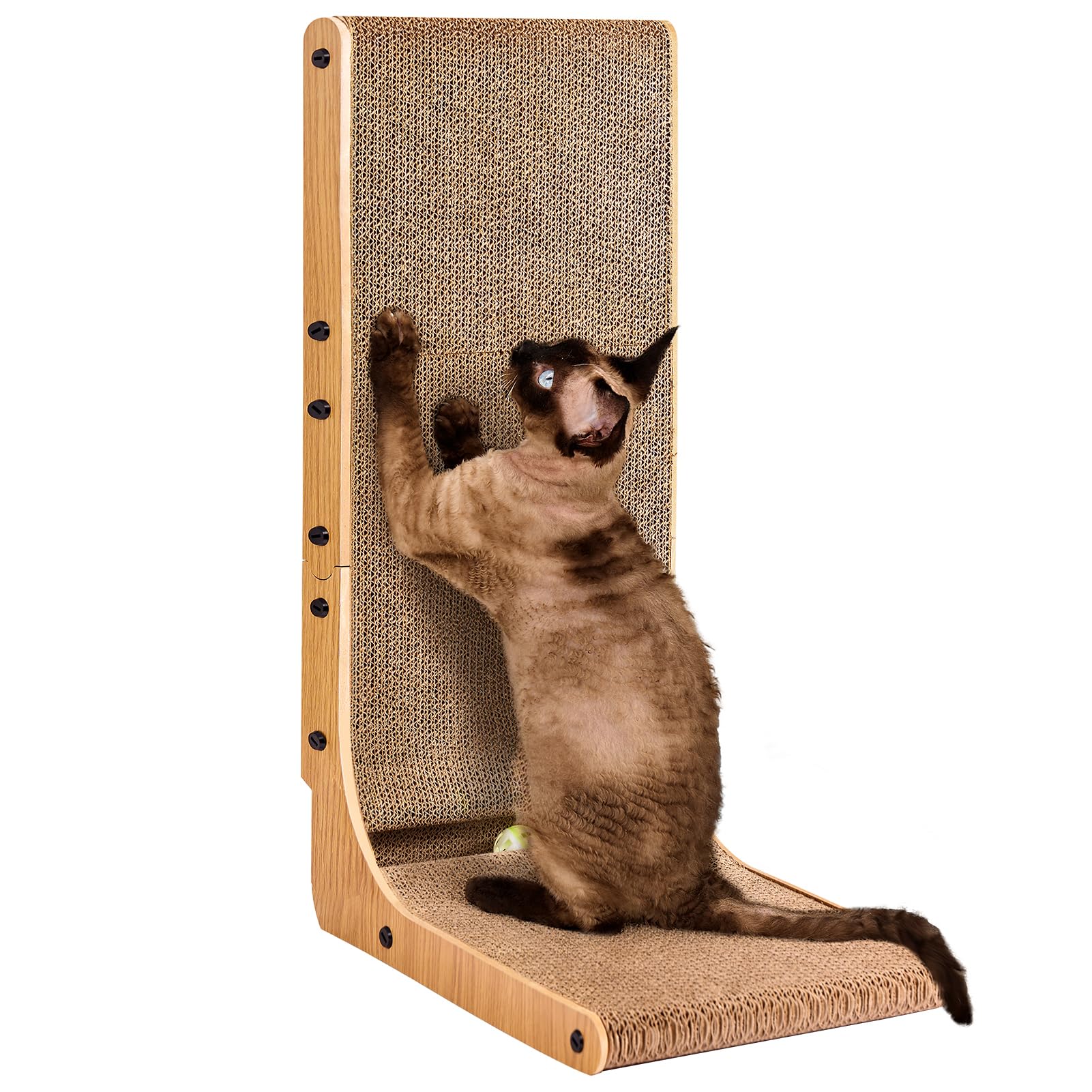 FUKUMARU Cat Scratcher, 26.8 Inch L Shape Cat Scratch Pad Wall Mounted, Cat Scratching Cardboard with Ball Toy for Indoor Cats, Large Size