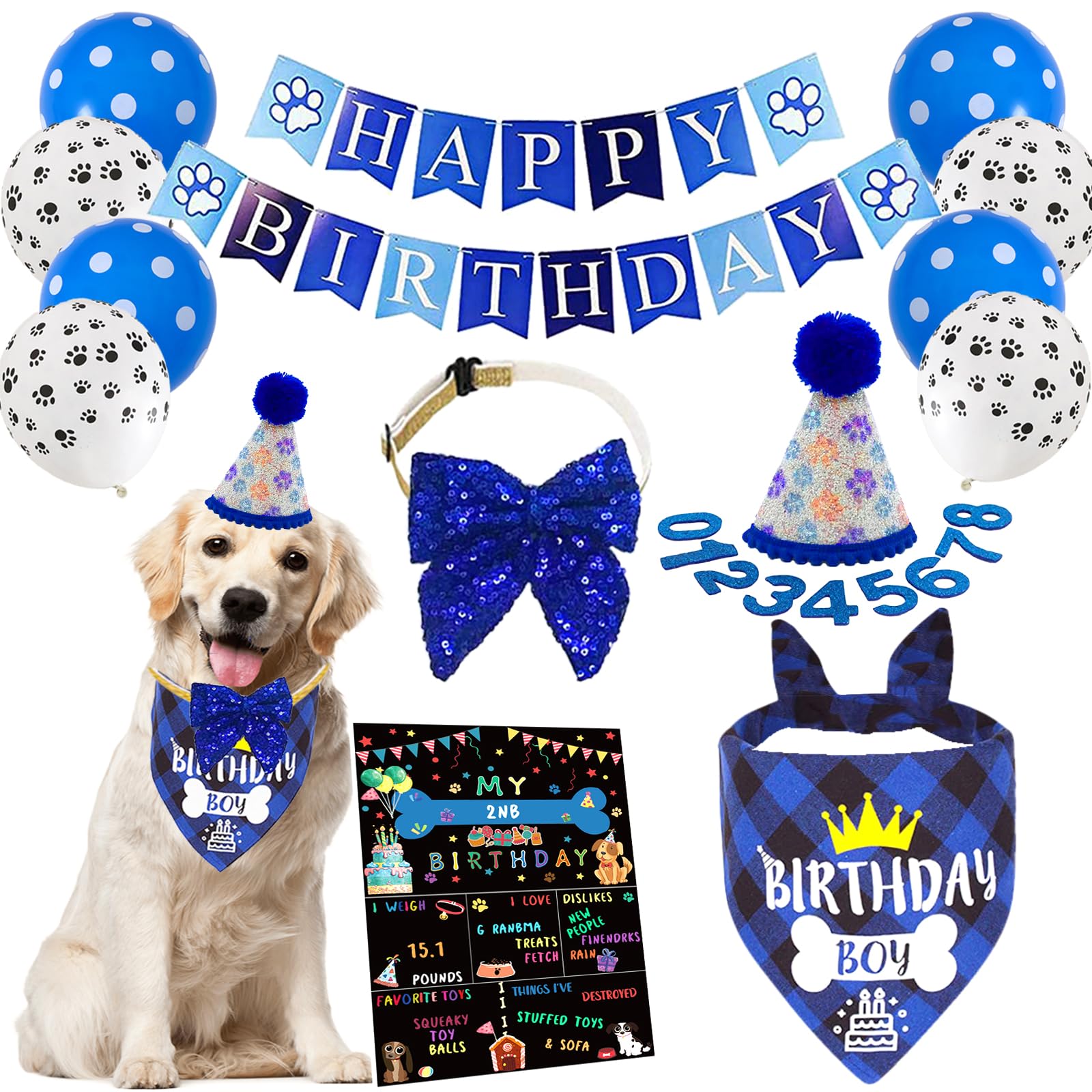 Boy Dog Birthday Party Costume & Decoration Supplies Set with Blue Birthday Bandana Hat Scarf and Bow Tie Happy Birthday Banner and Dog Paw Balloons for Medium Large Dogs Pets(M/L)