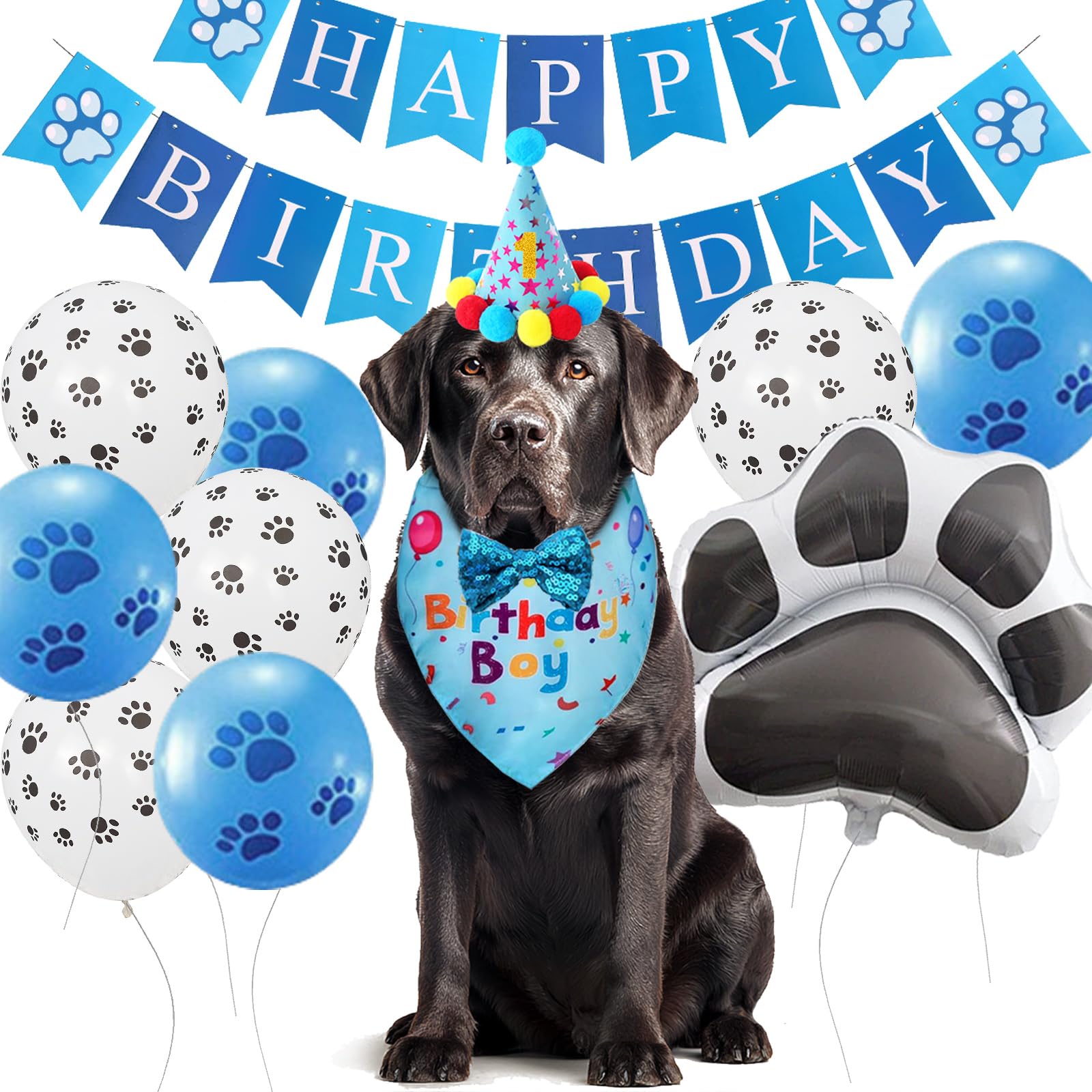Boy Dog Birthday Party Costume & Decoration Supplies Set with Blue Birthday Bandana Hat Scarf and Bow Tie Happy Birthday Banner and Dog Paw Balloons for Medium Large Dogs Pets(M/L)