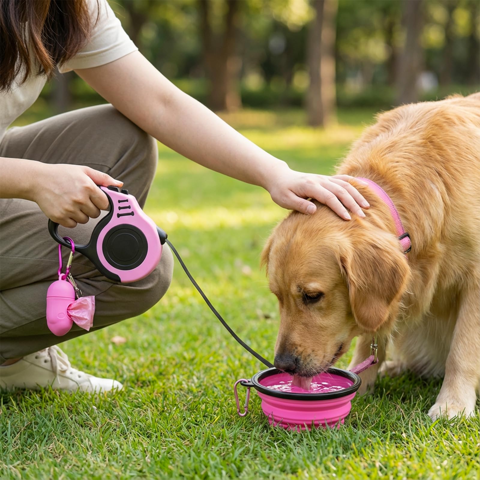 PETIMP Retractable Dog Leash Lightweight 16FT Leash, with Folding Bowl,Dispenser,Waste Bags, for Small Medium Dogs(Pink)