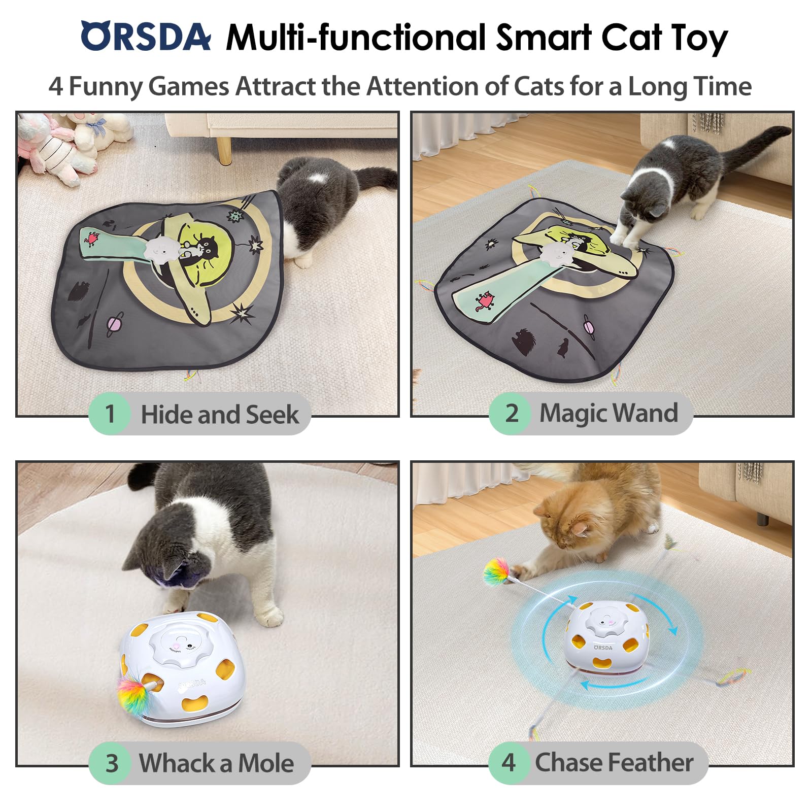 ORSDA 4 in 1 Interactive Cat Toys - Automatic Cat Toys for Indoor Cats & Kittens, 8 Holes Mice Whack-A-Mole, Hide and Seek Smart Motion with 5PCS DIY Replacement Refills