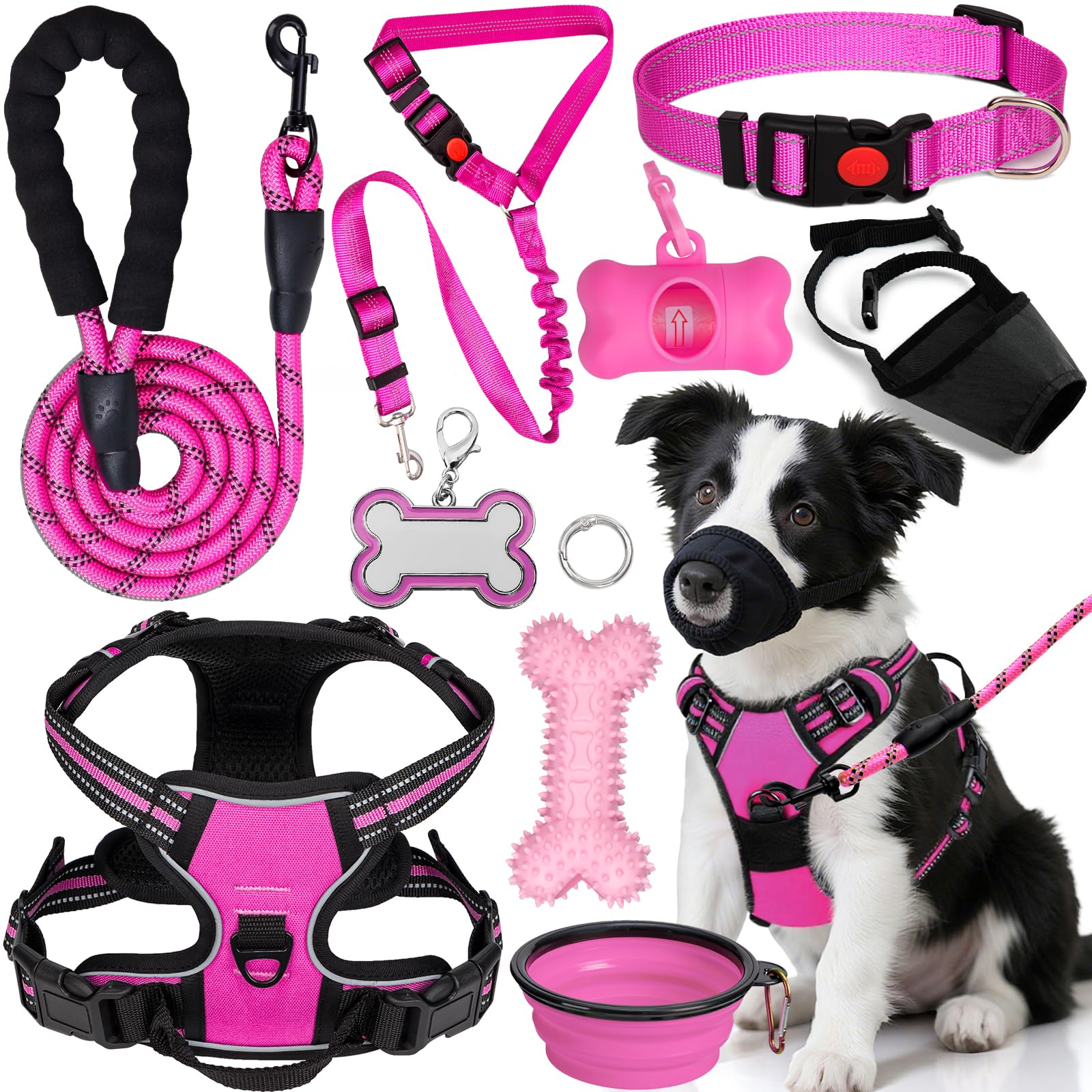 LOBEVE No Pull Dog Harness, Collar & Leash Set | Includes Dog Seat Belt, Collapsible Bowls & Poop Bag Dispenser. Ideal for Training, Walking, Hiking. Fits Small to Large Dogs(Pink-M)
