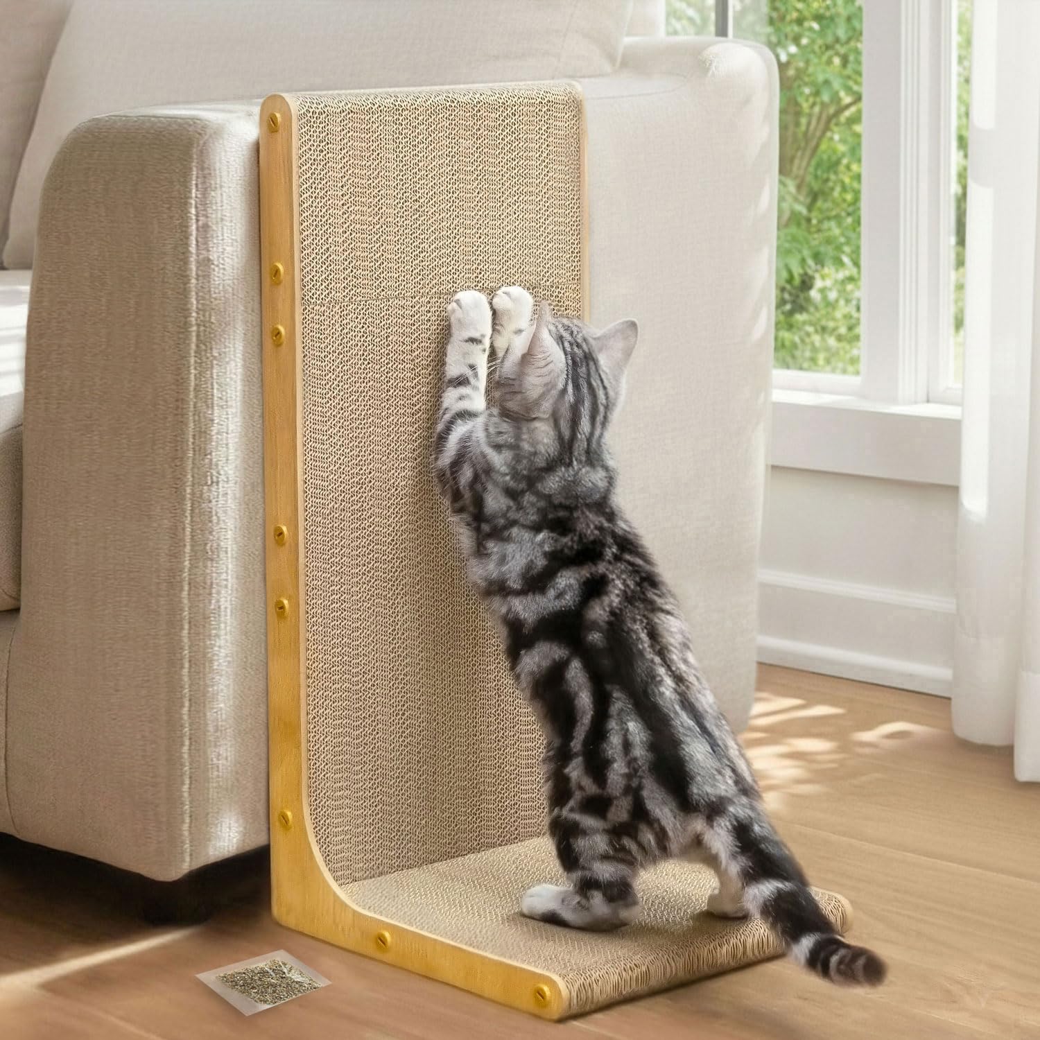 FUKUMARU Cat Scratcher, 26.8 Inch L Shape Cat Scratch Pad Wall Mounted, Cat Scratching Cardboard with Ball Toy for Indoor Cats, Large Size