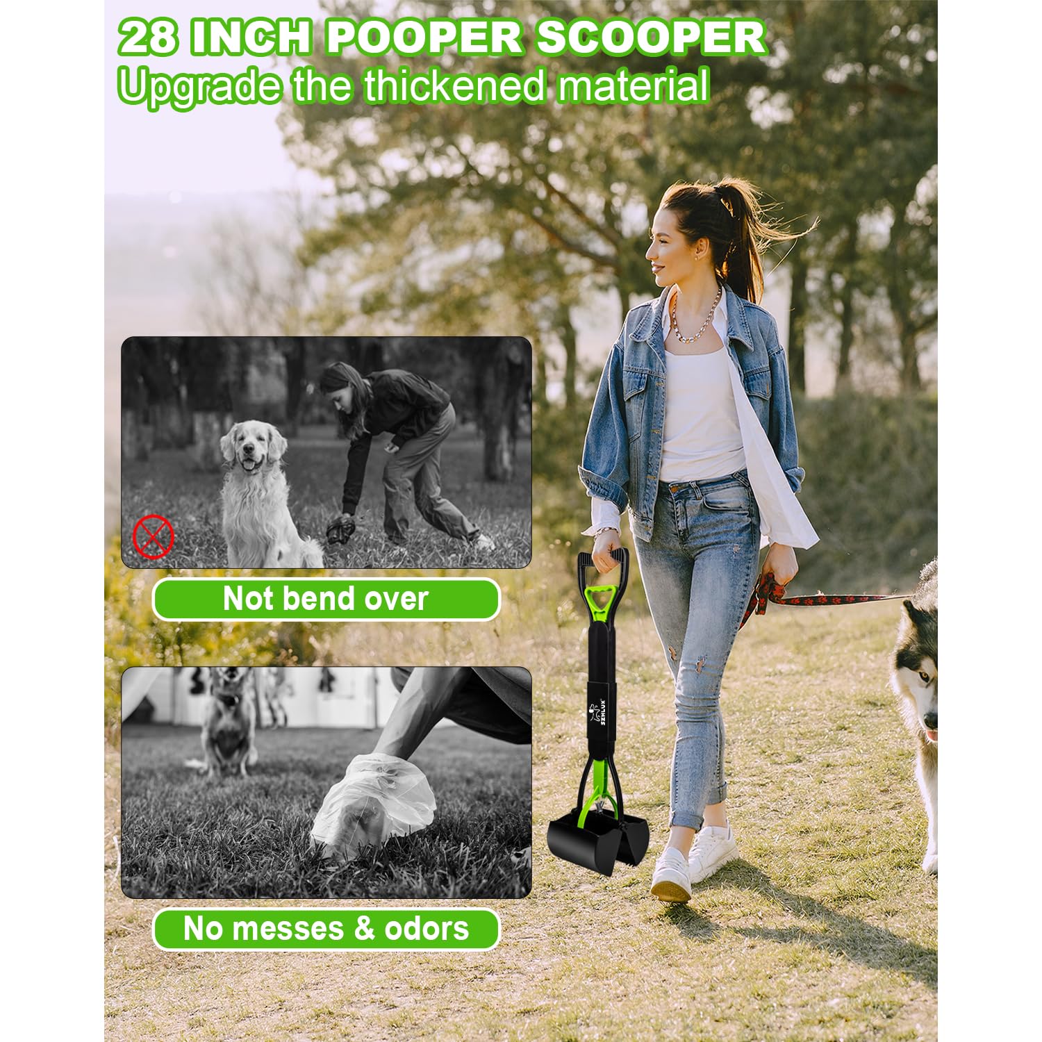 SZHLUX 28" Pooper Scooper, Foldable Dog Pooper Scooper with Unbreakable Material and Durable Spring for Grass and Gravel, Green