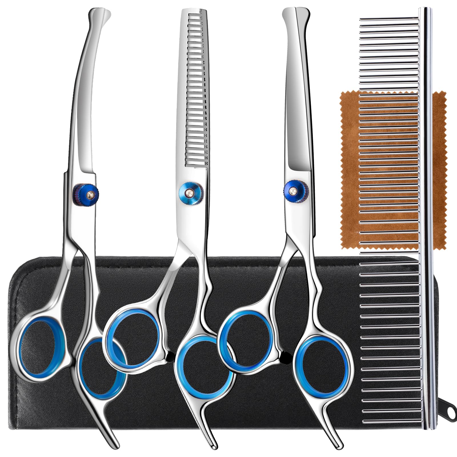 5 in 1 Premium Dog Grooming Scissors, Professional Dog Scissors for Grooming with Safety Round Tips, Lengnoyp Stainless Steel Thinning Shears, Pet Cat Shears for Grooming Kit