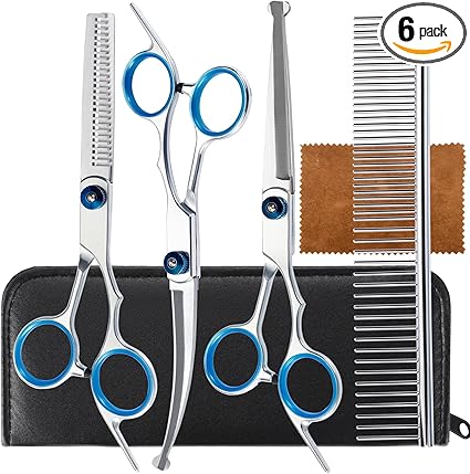5 in 1 Premium Dog Grooming Scissors, Professional Dog Scissors for Grooming with Safety Round Tips, Lengnoyp Stainless Steel Thinning Shears, Pet Cat Shears for Grooming Kit