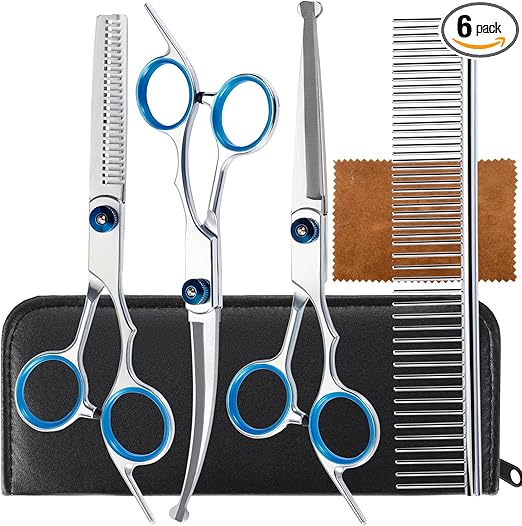 5 in 1 Premium Dog Grooming Scissors, Professional Dog Scissors for Grooming with Safety Round Tips, Lengnoyp Stainless Steel Thinning Shears, Pet Cat Shears for Grooming Kit