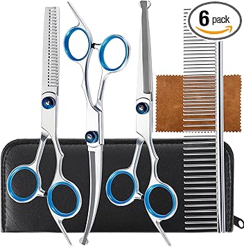 5 in 1 Premium Dog Grooming Scissors, Professional Dog Scissors for Grooming with Safety Round Tips, Lengnoyp Stainless Steel Thinning Shears, Pet Cat Shears for Grooming Kit