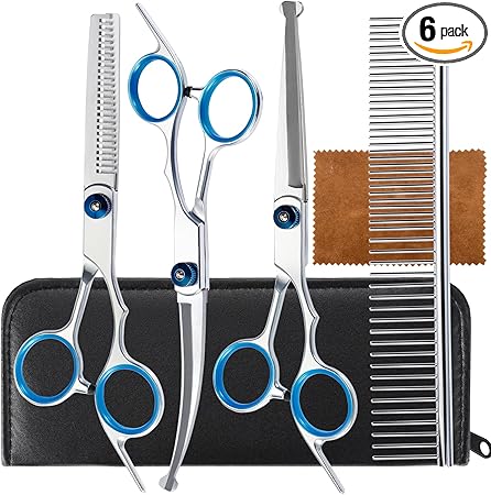 5 in 1 Premium Dog Grooming Scissors, Professional Dog Scissors for Grooming with Safety Round Tips, Lengnoyp Stainless Steel Thinning Shears, Pet Cat Shears for Grooming Kit