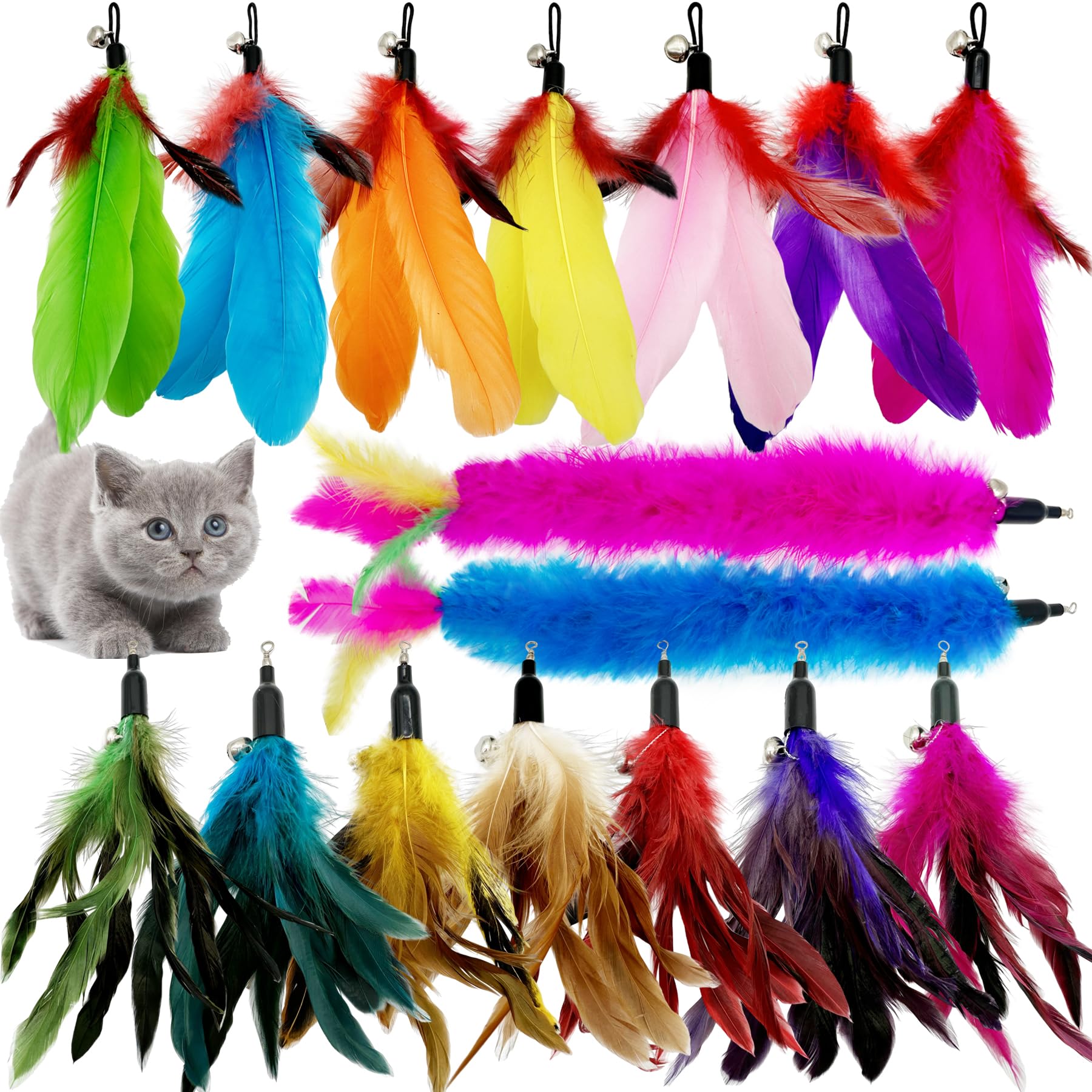 Cat Insect Feather Toys Replacement Cat Toy Wand Refills, 6 Pieces Natural Insect Cat Toy Feathers Refill, Interactive Cat Teaser Wand Attachments, with Bell