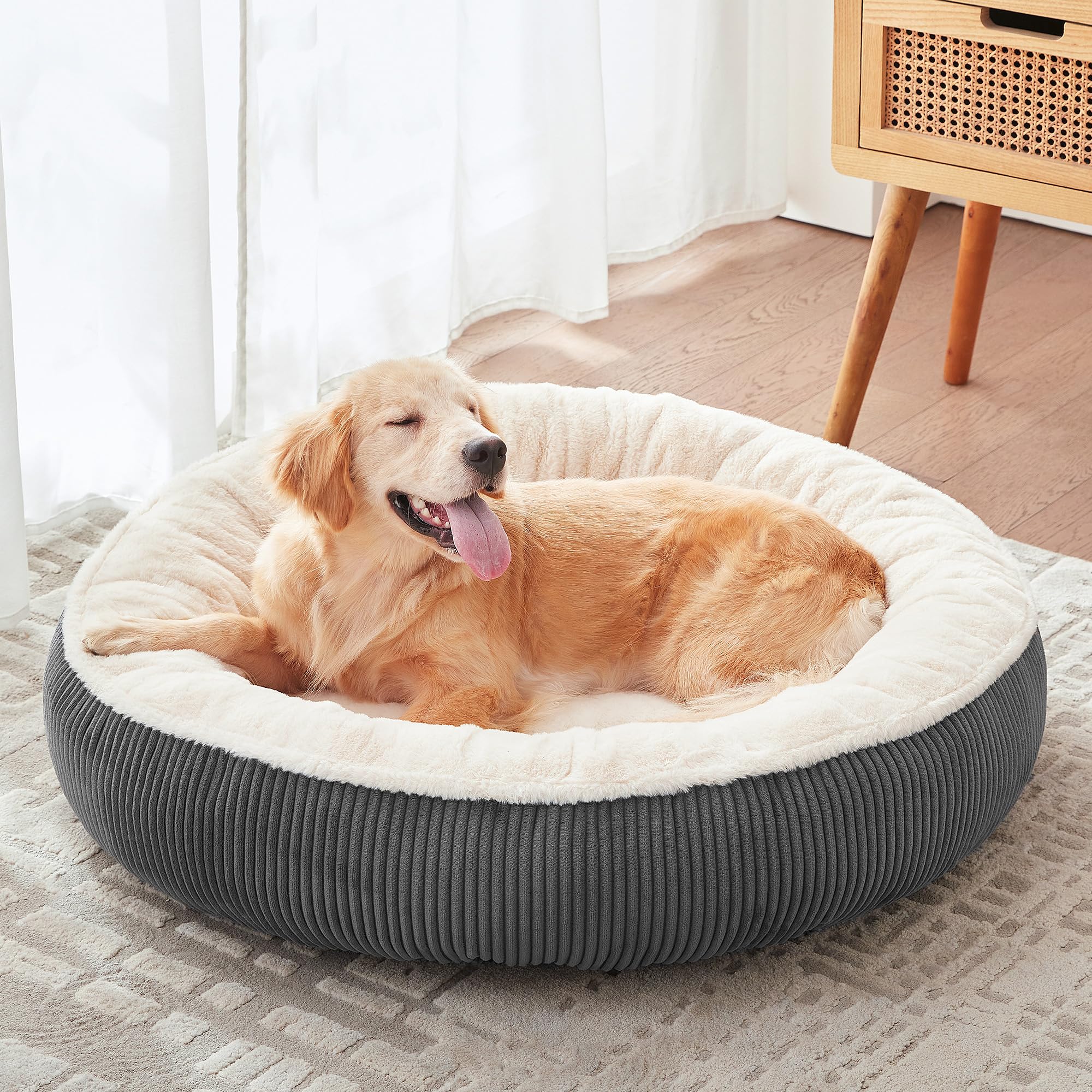 BALANCE Luxury Donut Dog Bed, 30 Inches Round Dog Bed Medium Size Dogs Washable, Orthopedic Calming Dogs Bed for Pets with Anti-Slip Bottom, Oatmeal