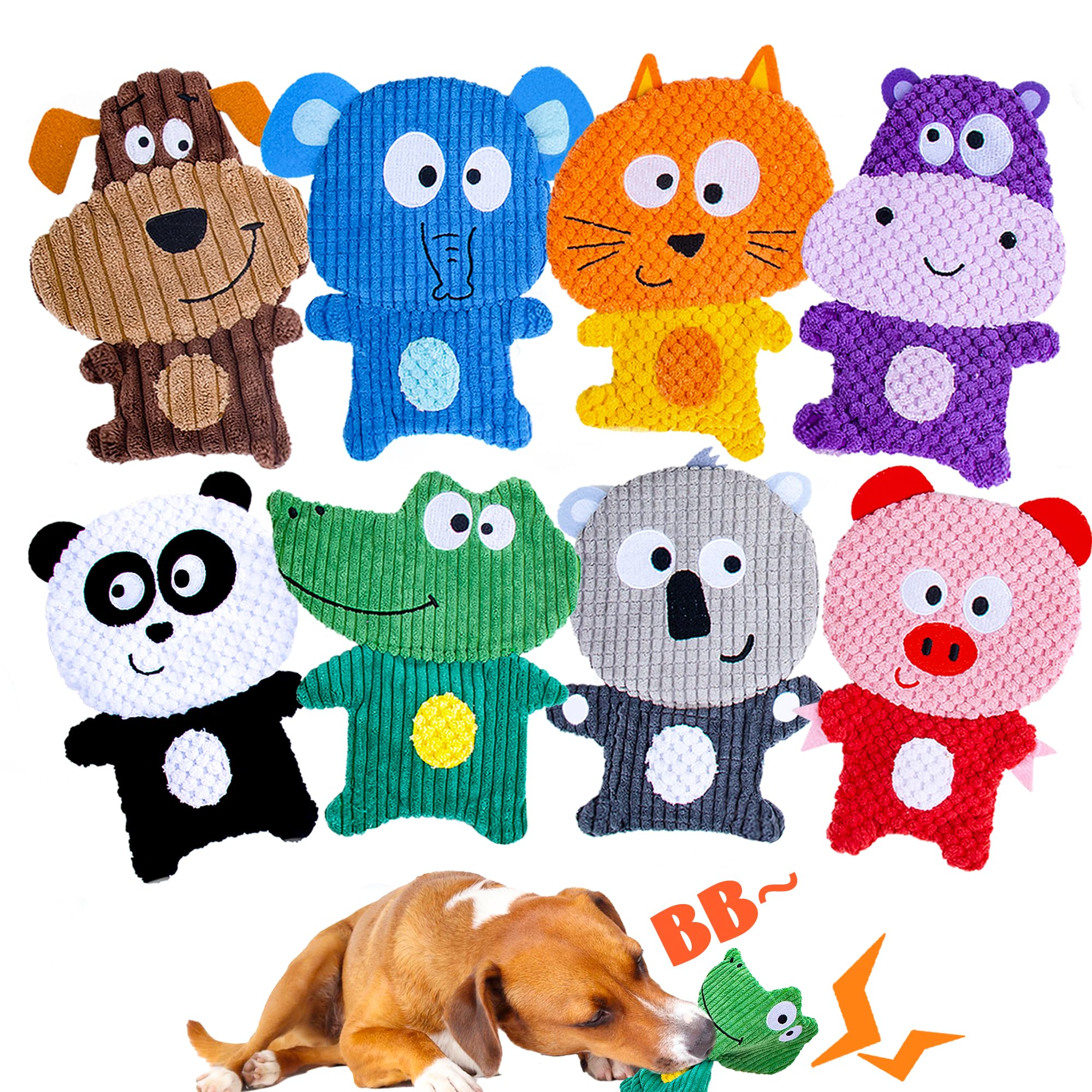 No Stuffing Dog Squeaky Toys, 8 Pack Cute Animal Durable Plush Interactive Teething Chew Toys, Pet Entertaining Toy for Puppy & Small Medium Breeds