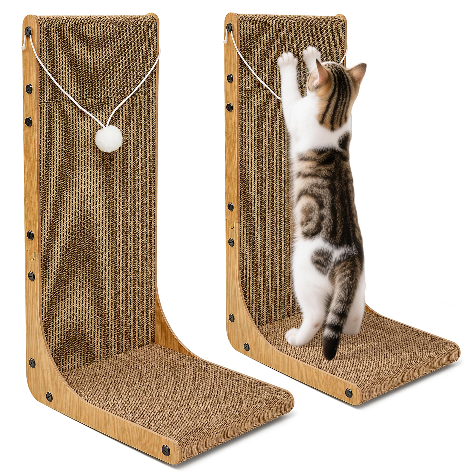 FUKUMARU Cat Scratcher, 26.8 Inch L Shape Cat Scratch Pad Wall Mounted, Cat Scratching Cardboard with Ball Toy for Indoor Cats, Large Size